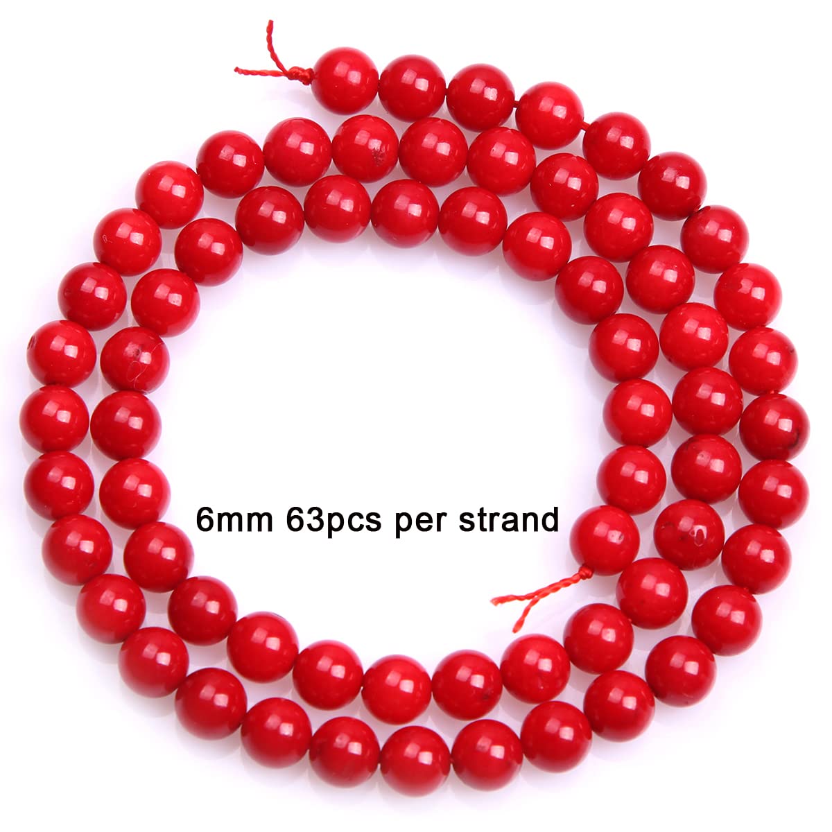 Gem-Inside - Perline rotonde di corallo rosso da 6 mm, per la creazione di gioielli, corallo naturale tinto da 38 cm, 63-66 pezzi per filo