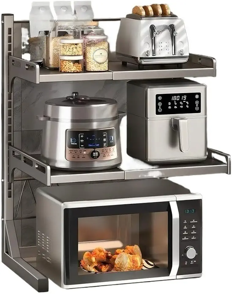 Suporte de Micro-ondas Sem Furo Ajustável em Aço até 50kg – Organizador de Cozinha Extensível para Airfryer e Eletrodomésticos 2 ou 3 Níveis(2 Camadas Versão Reforçada)