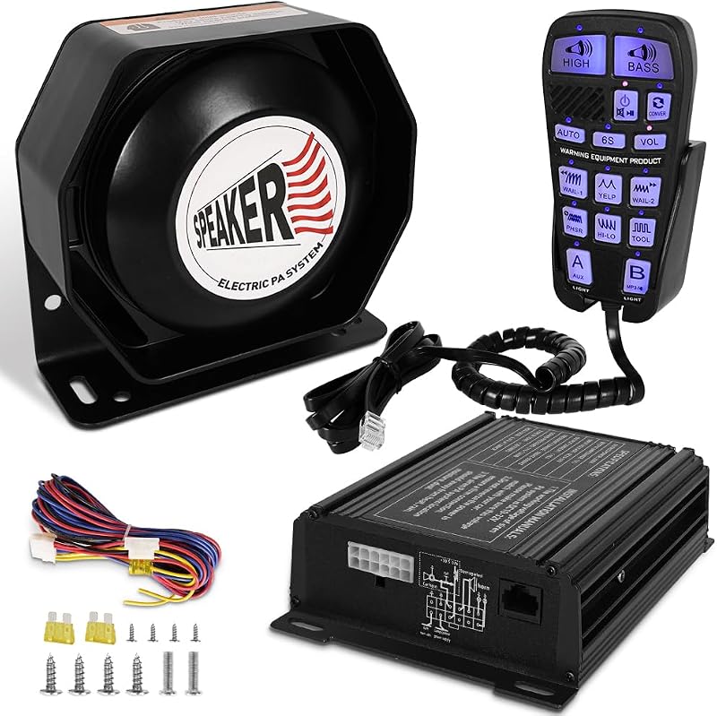 Emergency Siren Speaker 200W Multi-Tones PA System Slim Speaker Sirens with Handheld Controller & Mic Microphone Electronic Alarm Horn Kit for Tow Truck Car Vehicles Pickup UTV ATV POV RV