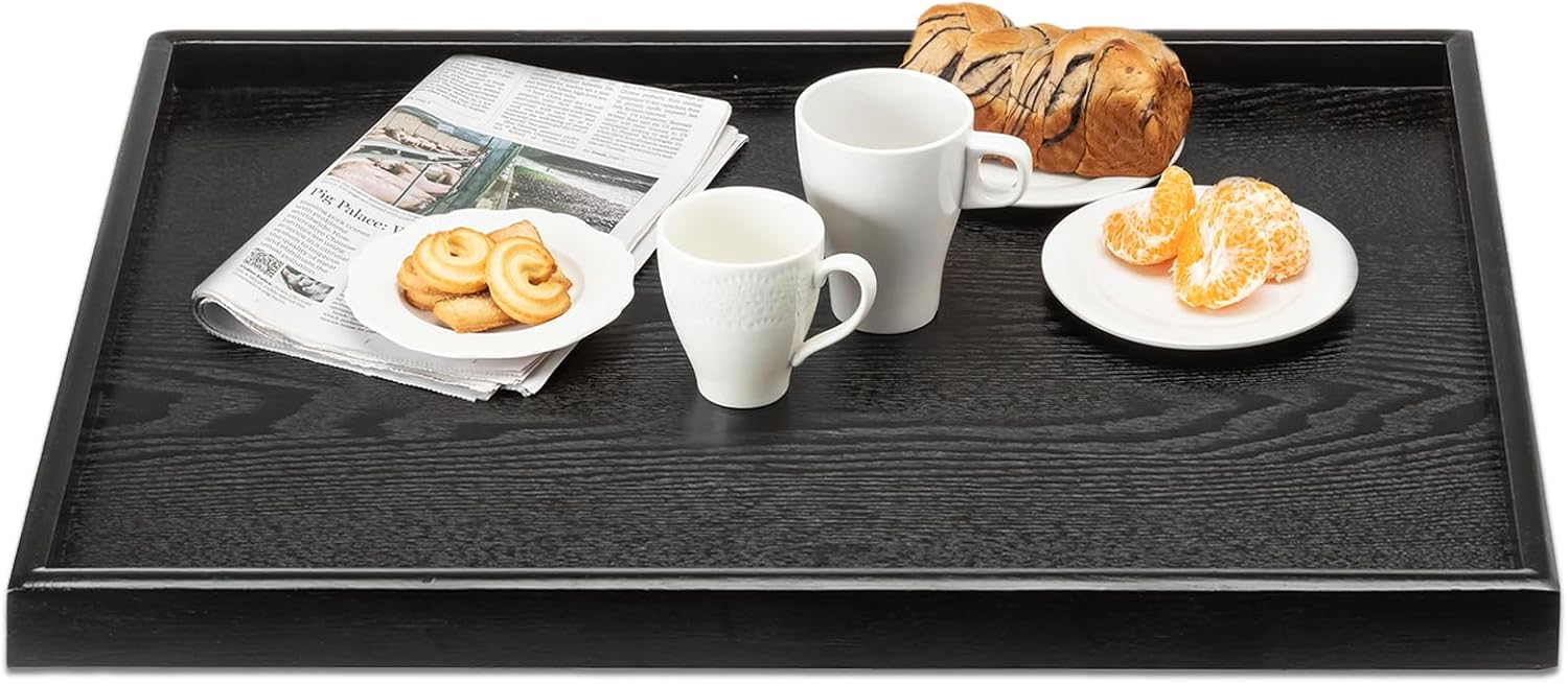 32 x 20 Inches Extra Large Solid Wood Serving Tray for Tea Coffee Table Snack Food Meals Serving Plate Kitchen Party Bar Breakfast Server with Raised Edges Black Wooden Decorative Ottoman Tray - Image 2