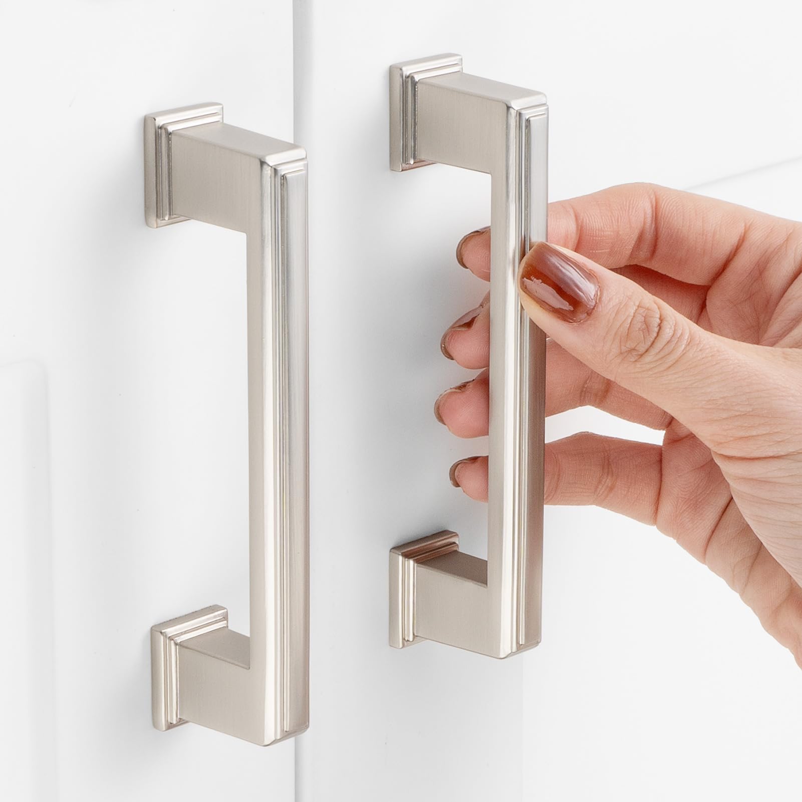 3-3/4 Inch Hole Centers, Brushed Nickel Stepped Kitchen Cabinet Pull Handle ZP2206 | Pack of 10, Solid Hardware for Drawer, Dresser, Bathroom, Vanity, Furniture Door, Cupboard, Bedroom, 3.8"