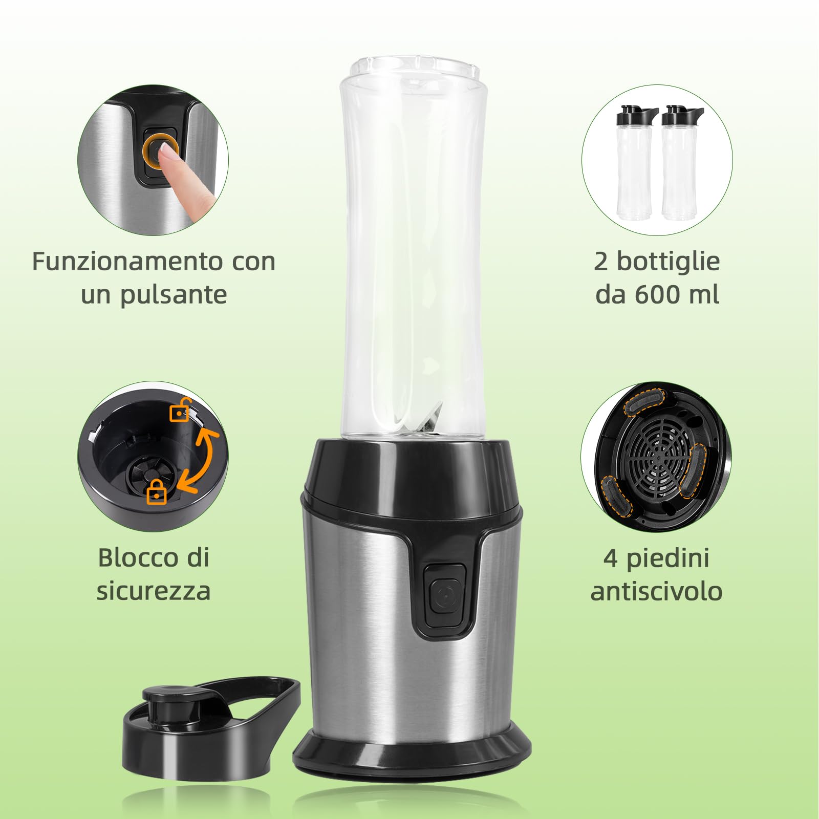 Frullatore Portatile Carehabi, Mini Frullatore e Smoothie Blender con 2 Bottiglie da 600ml (Senza BPA), Motore in Acciaio Inox 300W & 4 Lame per Frullati, Smoothies, Ghiaccio - Argento