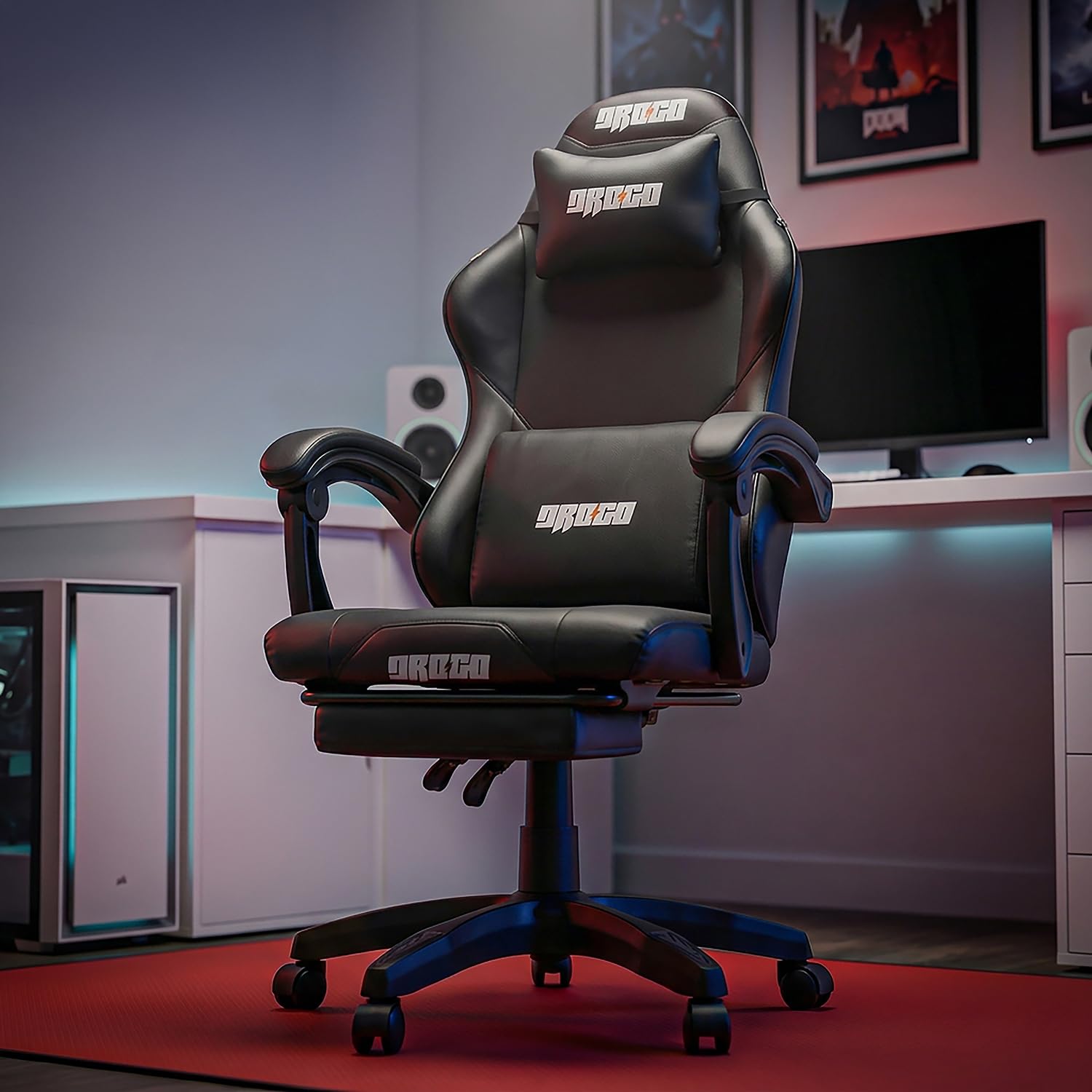 DROGO Aura Limited Edition Gaming Chair | Ergonomic High-Back Design Chair with Footrest | Premium PU Leather | Armrests | Computer Chair with Adjustable Neck & Lumbar Support (Black/Black)-image-41