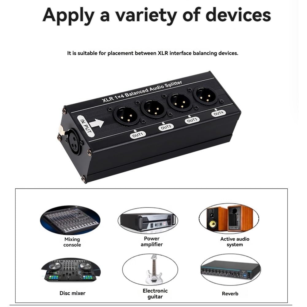 3 Broches XLR 1x4 Splitter du Signal Balance Boîte de Séparateur Audio Boîte 1 en 4 Out Source d'alimentation Requise