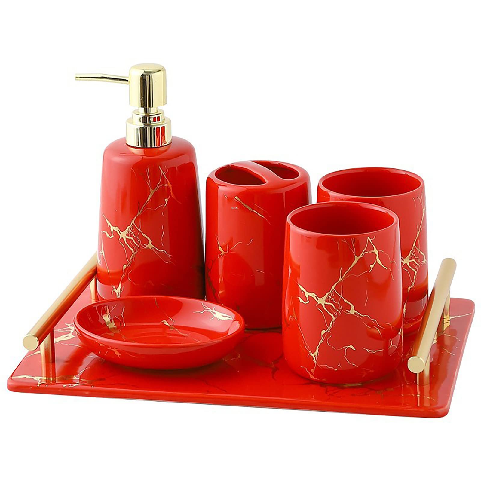 Juegos de Accesorios de baño, Acesorios Cuartos de Baño 5 Piezas con Dispensador Jabon Baño, Jabonera Baño, Porta Cepillo de Dientes, para Champú Cerámica Simple Rojo