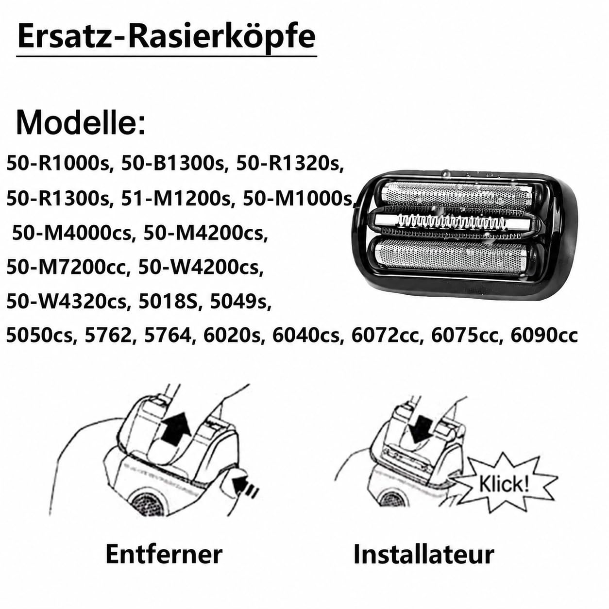 2 Stück 53B Scherkopf Kompatibel mit Braun Series 5, Scherkopf für Braun S5 S6 Rasierer Easy Clean, 53B Scherblatt Ersatzscherkopf für Series 5 Rasierer Zubehör (Schwarz)