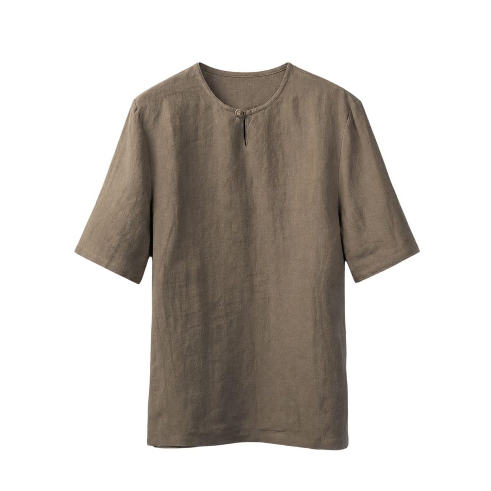 Camiseta de manga corta para hombre, estilo chino, cuello redondo, mezcla de lino y algodón, ajuste holgado, para vacaciones, uso diario e informal