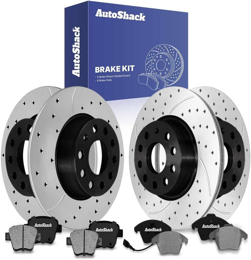 AutoShack Front Vented & Rear Solid Drilled & Slotted E-Coated Brake Rotors + Ceramic Pads 12-PC Brake Kit Replacement for 2012-2015 Volkswagen Passat ShadowGuard