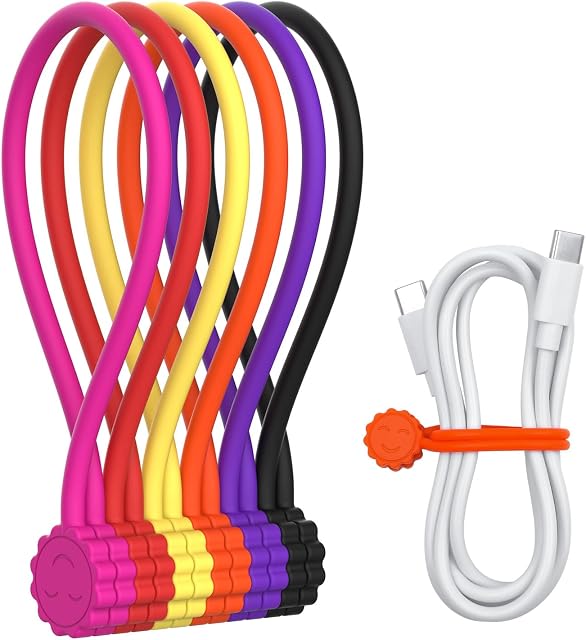 Rich&Ray Magnetic Reusable Silicone Cable Ties, Phone Cord Holder, Magnetic Cable Ties for Headphone Cables, Charging Cable Organizer, Book Markers, Hanging Stuff (Silicone Ties-6C 6Pack)