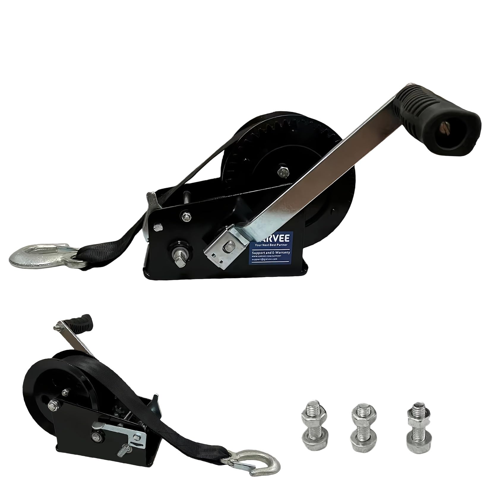 Garvee Cabrestante manual 1587 kg con cinta 10 m x 5 cm acero galvanizado doble velocidad 4:1 8:1 mango rápido, Negro