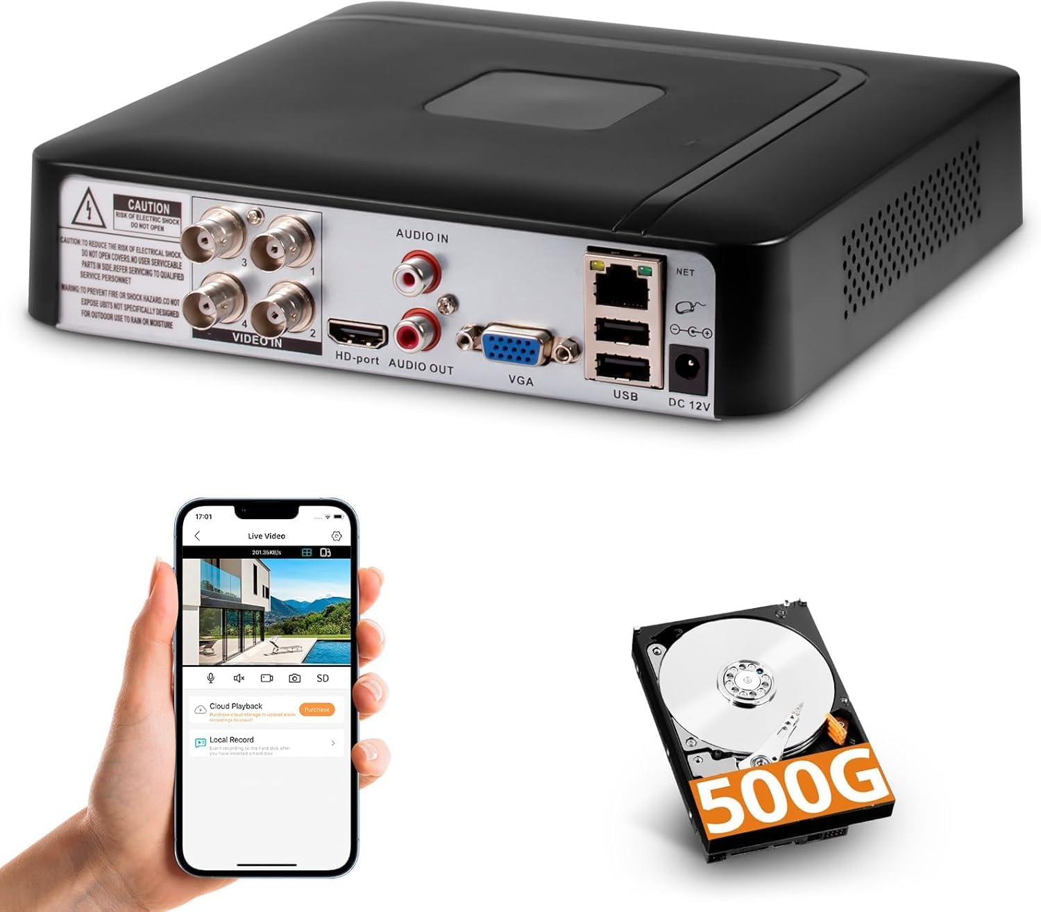 4-Kanal CCTV Überwachungs-DVR mit 500 GB HDD, 4 Ch 5MP H.265+ DVR Video-Recorder für Analog XVI AHD TVI IP-Kameras, DVR für Sicherheitskamera-Überwachungssystem für zu Hause, Mobile APP & PC(P-System)