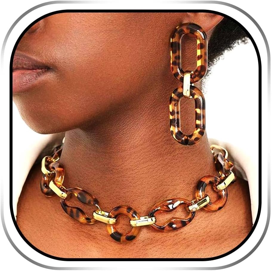African Leopard Choker Necklace Jewelry Set Gold Chunky Cheetah Necklaces Earring Sets for Women