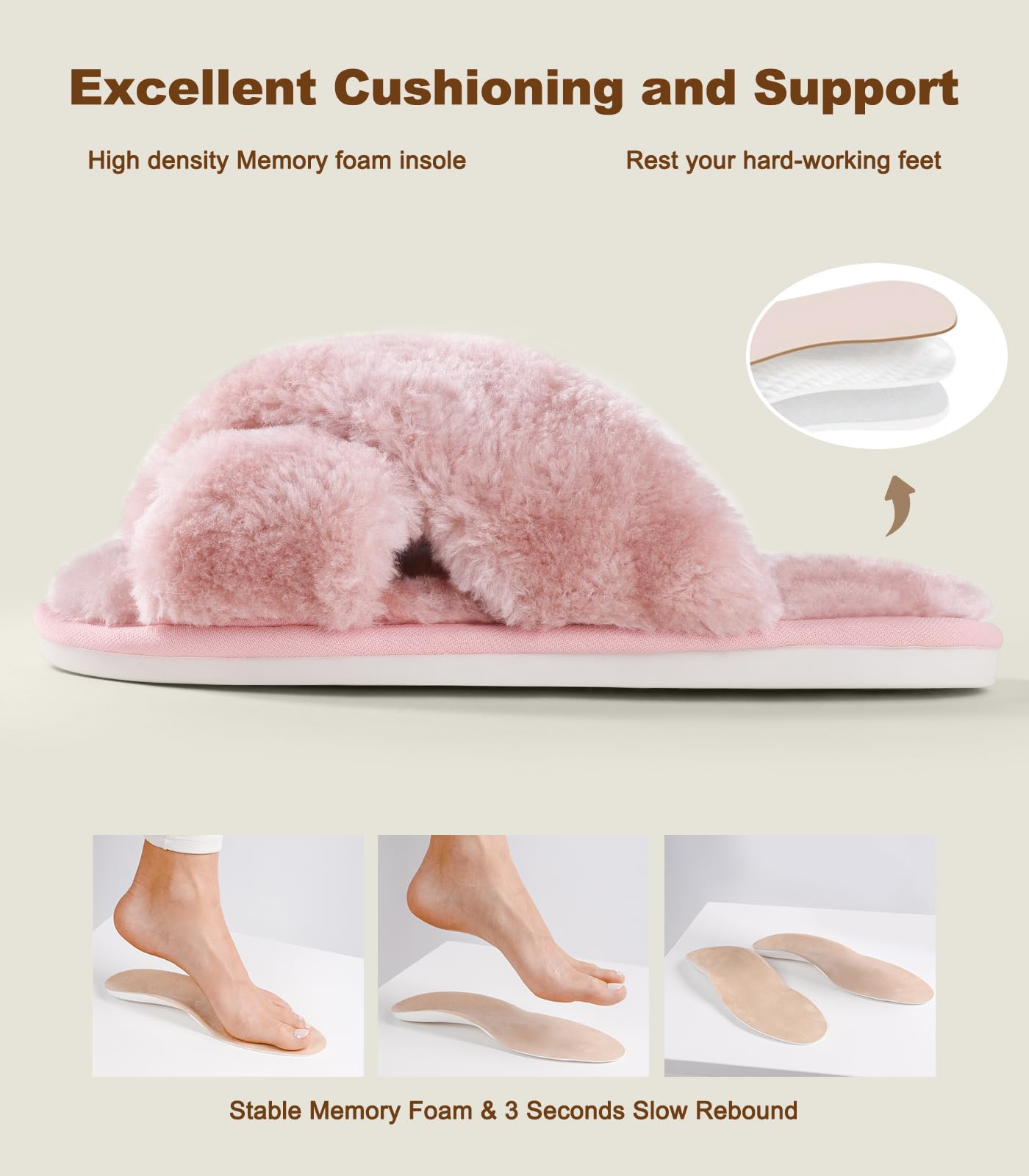 Ankis Womens Fuzzy Slippers Memory Foam Cross Band Cozy House Slippers Plush Home Fluffy Furry Slippers Open Toe Cute Soft Ladies Indoor Outdoor Slipper Slides Wedding Bride Shoes Gifts: 7-8 Dusty Pink