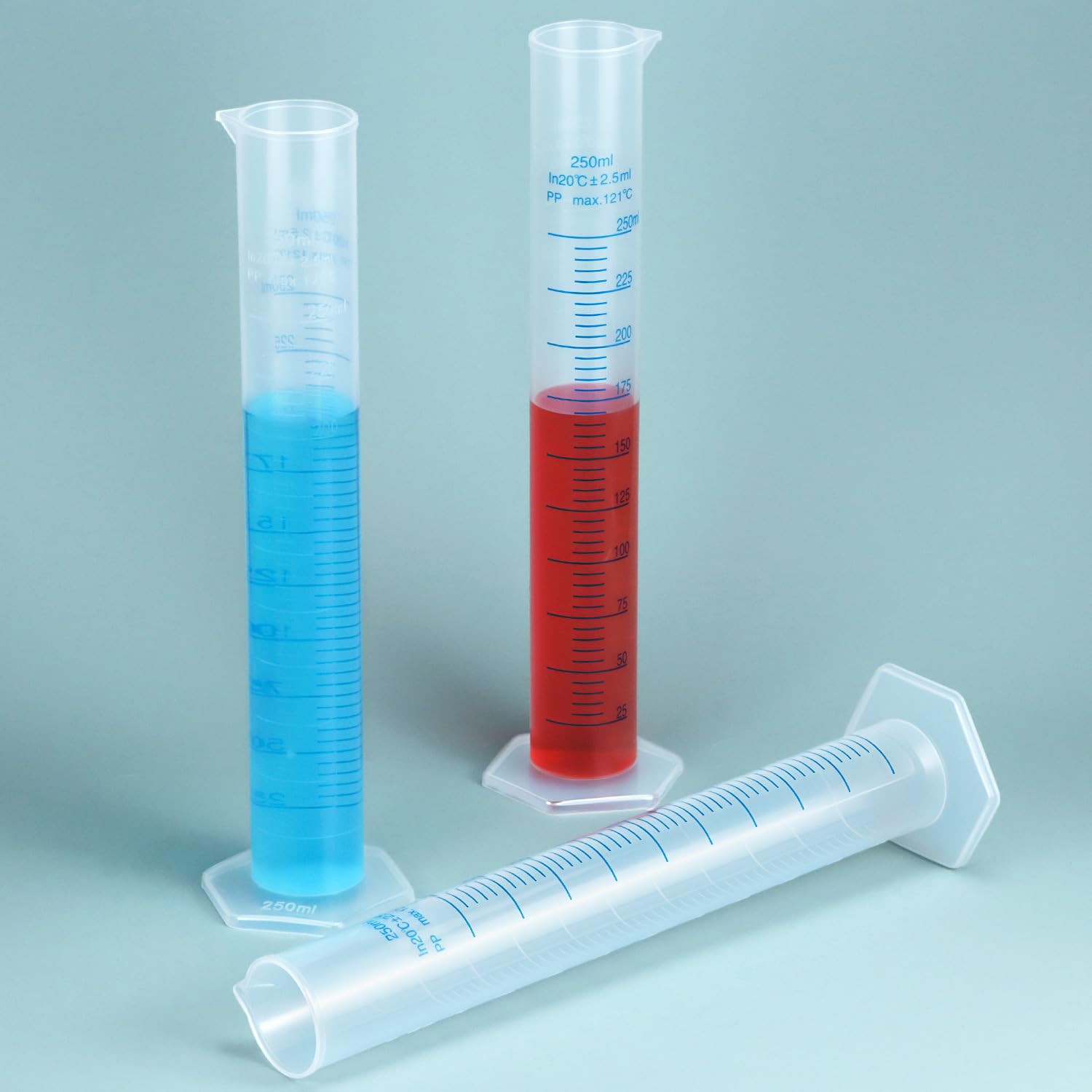 QWORK Confezione da 6 cilindri graduati in plastica, cilindri graduati da 250 ml, cilindro scientifico per provette, doppia linea di marcatura, cilindro graduato con beccuccio per versare
