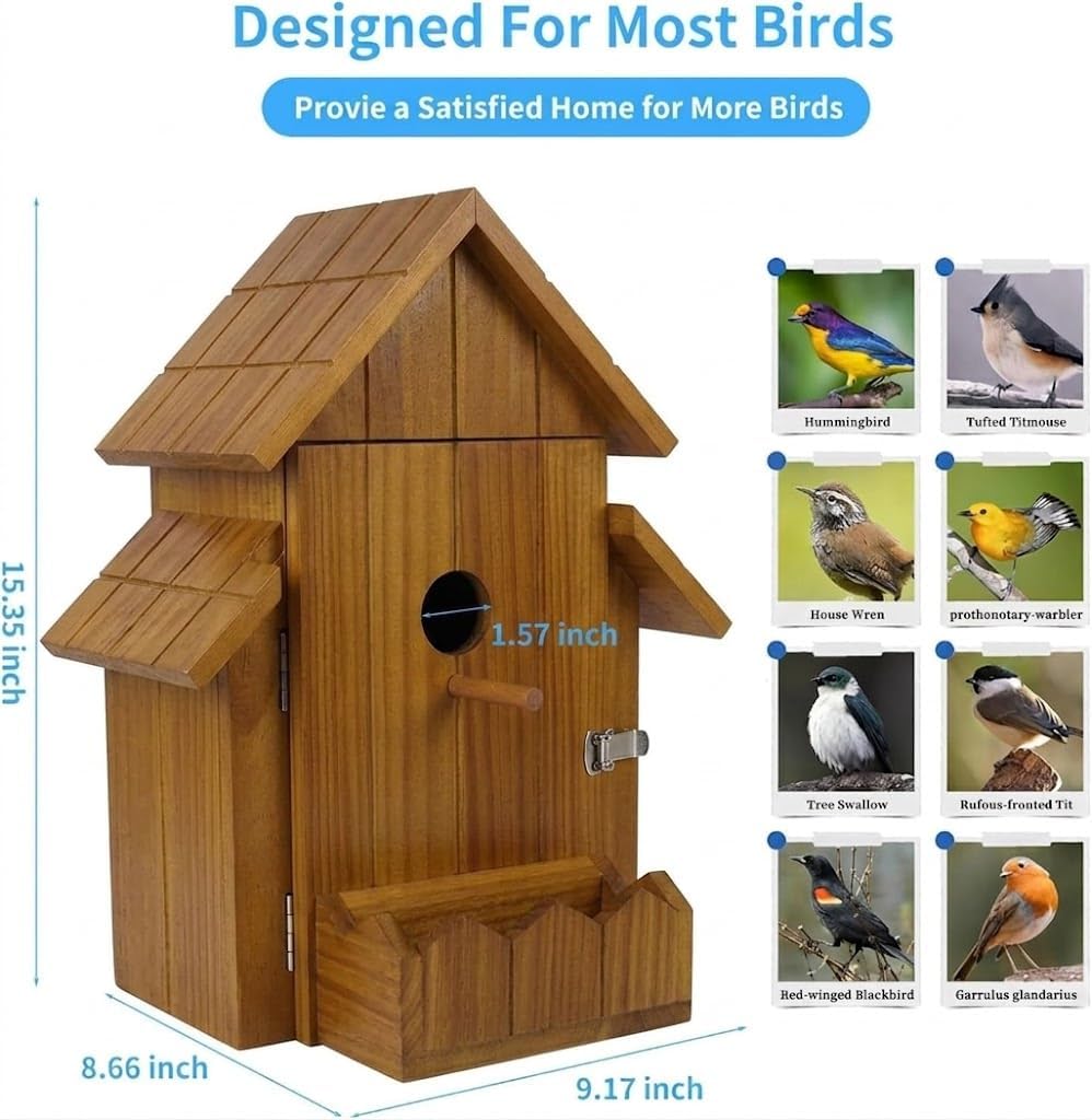 Bird House with Camera, 1080p HD Bird Houses for Outside with Nest Auto Capture Photo & Video, Smart Bird House with Camera Solar Powered 2.4G WiFi & App Notify in Real Time Dark Color (Dark, Normal)