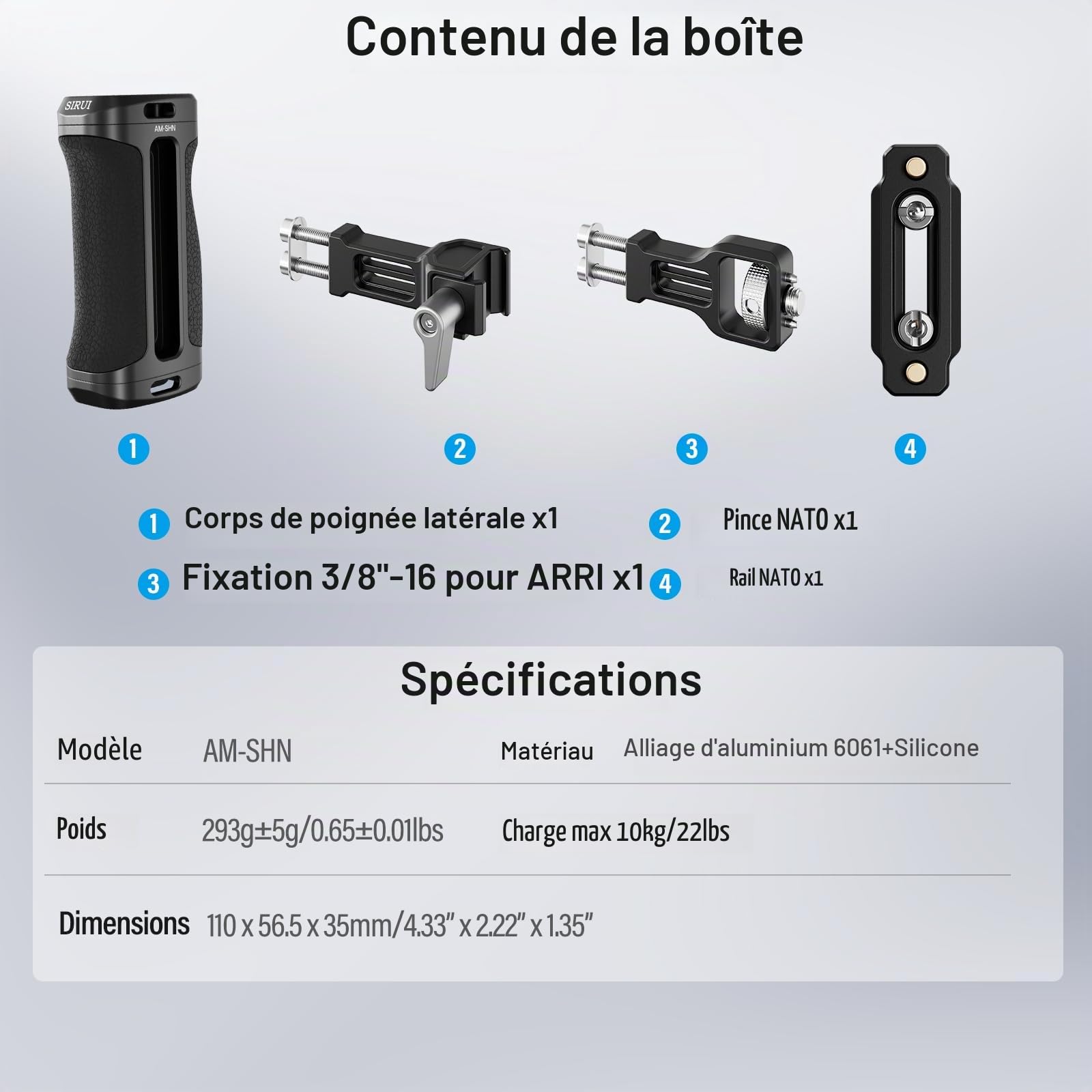 SIRUI Poignée Latérale de Positionnement pour Moture NATO en Option, Poignée Légère pour Cage de Caméra avec clé Intégrée, Griffe Froide et Trous Tiletés, Réglable en Hauteur et en Profondeur(AM-SHN)