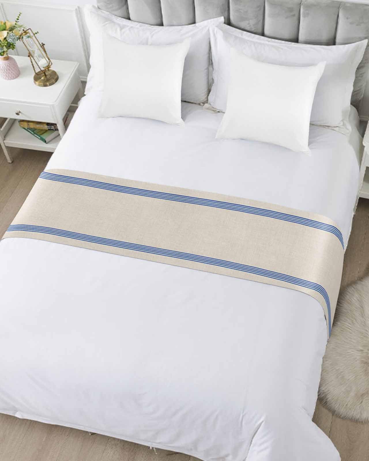 Queen Bed Runner Square Blue Plaid on Beige Linen Bedding Runner Scarves Decorative Bed Scarf, Modern Minimalist Art Soft Bed Runners for Bedroom Hotel Wedding 94x20IN