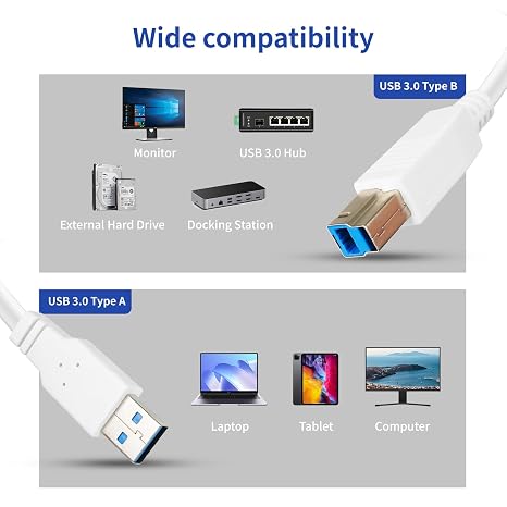 USB 3.0 Cable,(3-Pack/3.3 Foot) USB-A to USB-B 3.0 Cable, 5Gbps High-Speed, Black(Black)