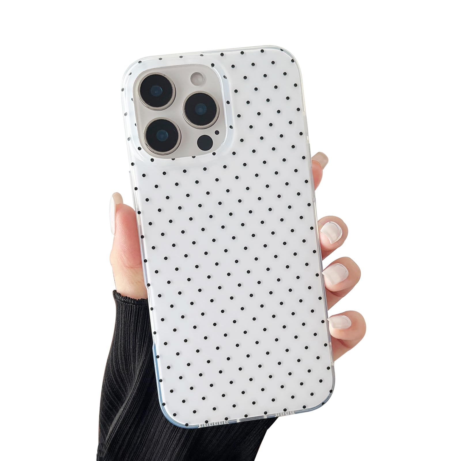 CHEDEMK Compatible with iPhone 15 Pro Case, Fashion Cute Aesthetic Polka Dot Pattern Cover for Women, Shockproof Slim Soft TPU and Hard PC Protective