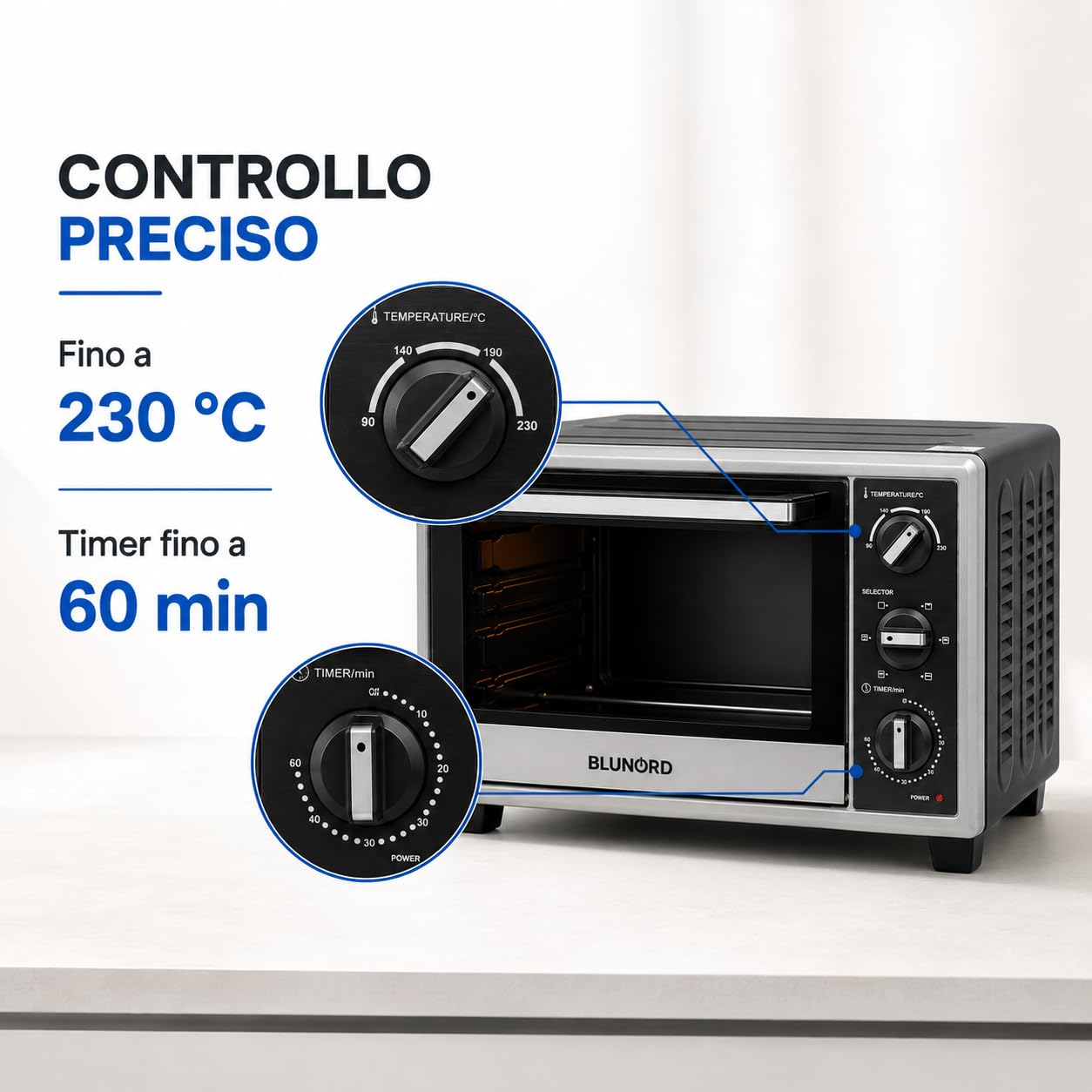 Blunord Bluf23prof Forno Elettrico Professionale 23L 1380W Ventilato Grill Timer Termostato Regolabile Easy Clean Nero Lucido
