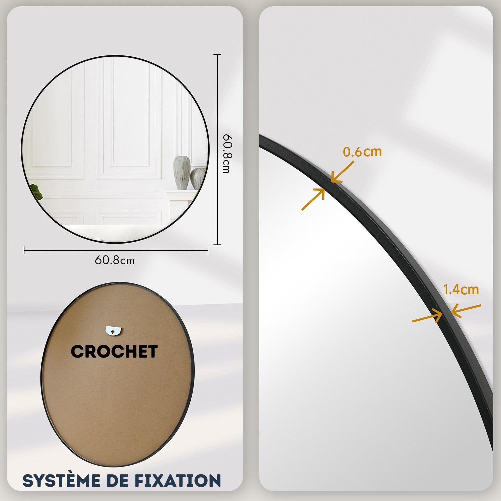 KARAT Miroir Mural Rond pour Salle de Bain et Chambre, avec Cadre en Alliage d'aluminium Noir Bella, Ø 60 cm, Verre trempé avec Film de sécurisé, Design élégant, Fixation Murale ou Poser sur Table