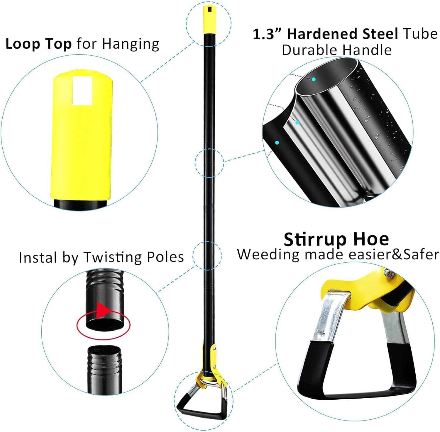 FLY HAWK Gartenhacke, 76-182cm Steigbügelhacke Hacke Gartenwerkzeug aus Edelstahl mit Robust Verstellbare Griff, Hula Hacken zum Jäten, Lösen von Erde, Pflanzen von Gemüse