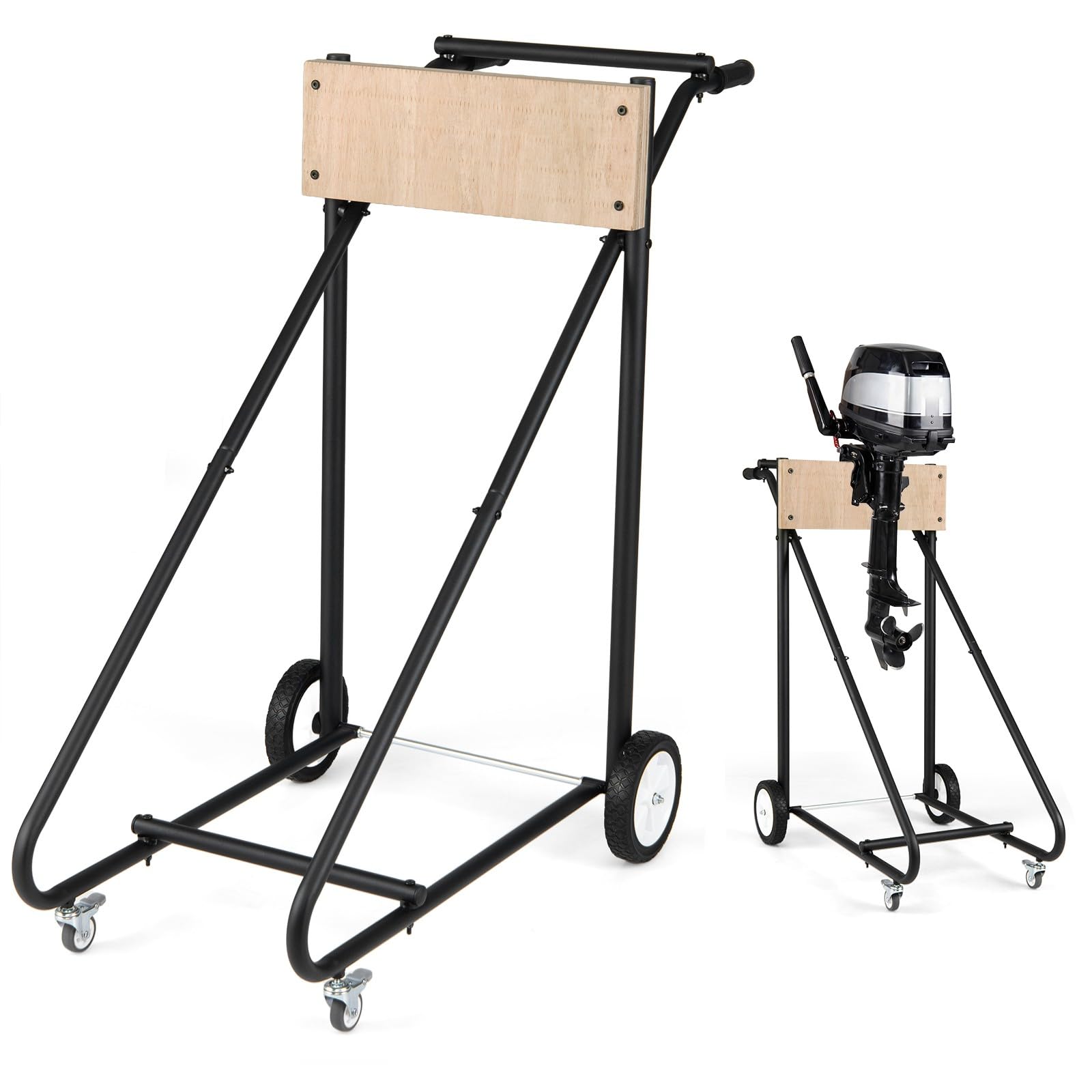 SOARS Supporto per Motore Fuoribordo con 4 Ruote, Portata 150 KG | Carrello di Trasporto per Motore con Struttura in Metallo, Pannello in Legno e 2 Maniglie Ergonomiche, 115 X 57 X 104,5 CM