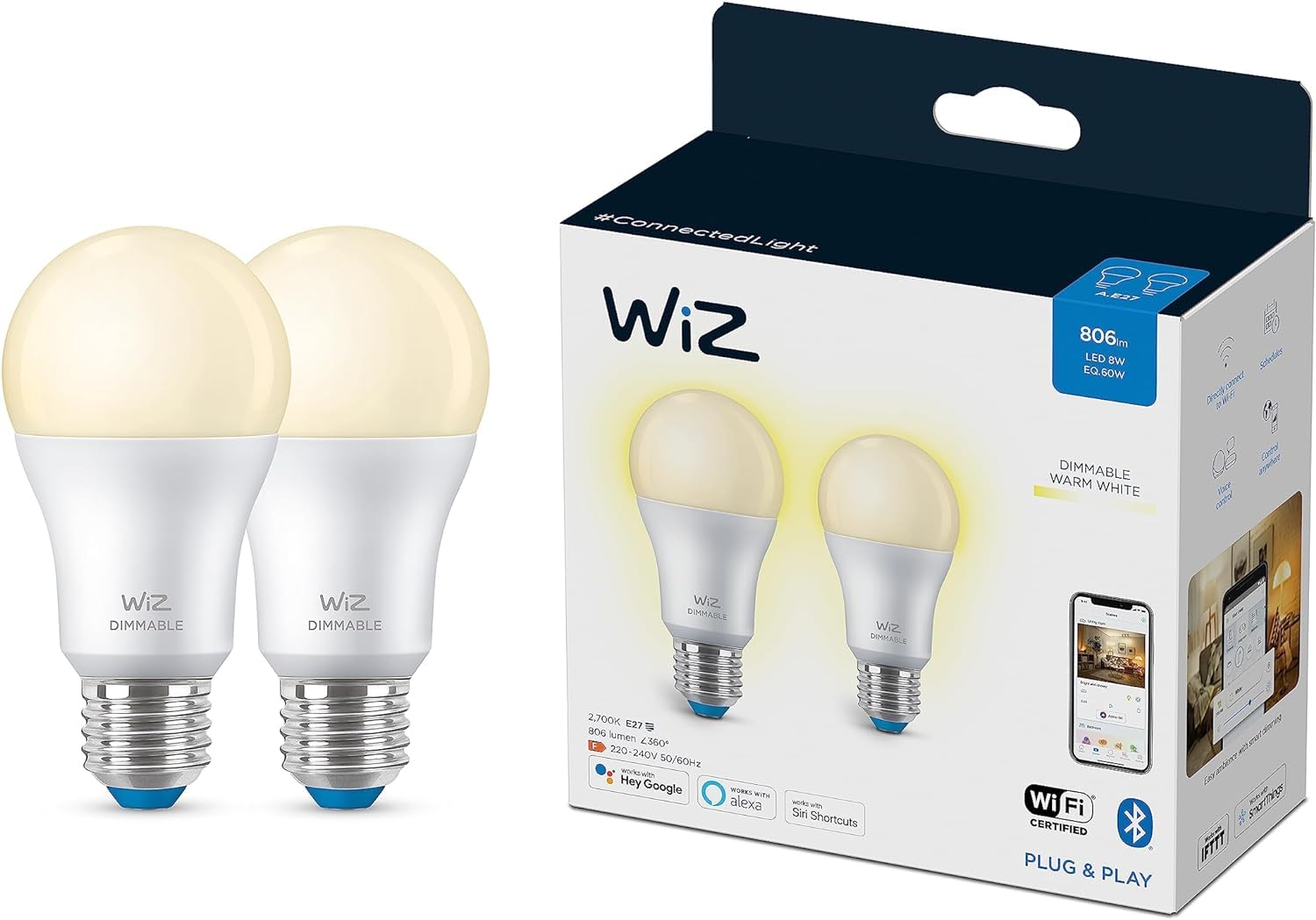 Smart Bulb, Dimmable White [E27 Edison Screw] 60W, Smart LED Connected WiFi Works with Alexa, Google Assistant & HomeKit, App Control for Home Indoor Lighting, Livingroom, Bedroom. 2Pack