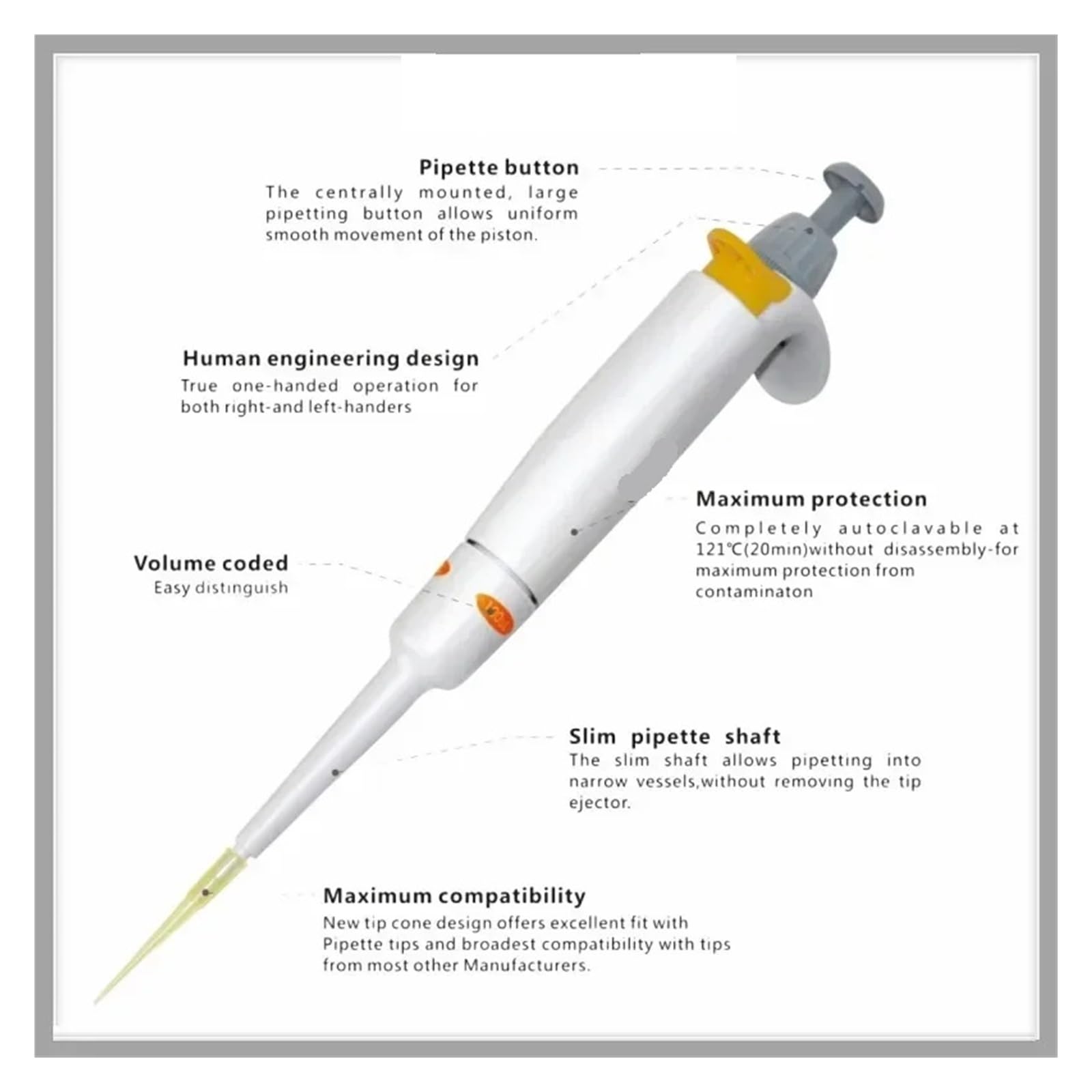 Pipeta de volumen fijo, pipeta manual de un solo canal, 5-1000 µL, totalmente autoclavable, ideal para un manejo preciso de líquidos en laboratorios e investigación
