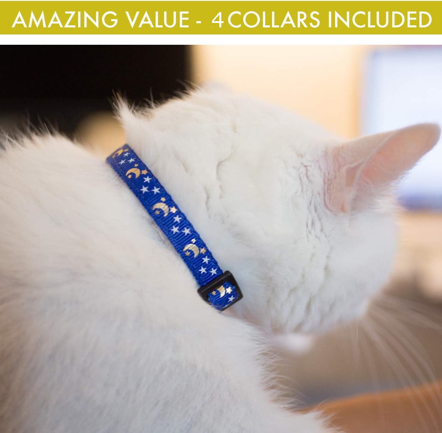 Ulepszona wersja – Katzenhalsband Sterne und Mond, 4-pak, reflektierend mit Glöckchen, solide und sichere Halsbänder for Catzen, Nylon, Kitty Halsbänder, Breakaway Katzenhalsband, kostenloser