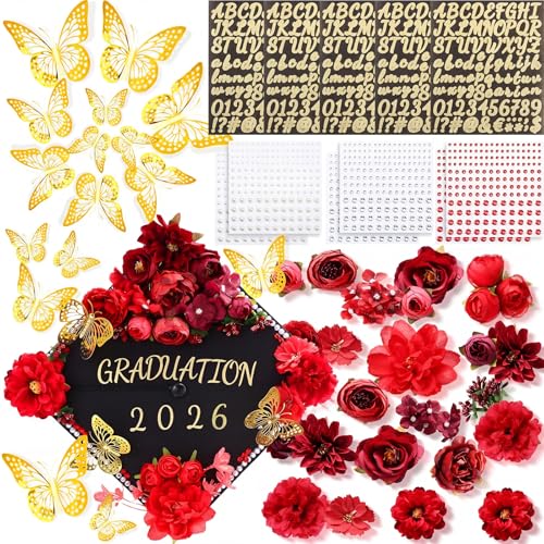 Hoteam DIY Graduation Cap Decorations Kit Included Faux Flowers 3D Butterfly Self Adhesive Rhinestones Glitter Alphabet Letter Stickers for 2026 Grad Cap Topper Party Gifts Decor(Red)