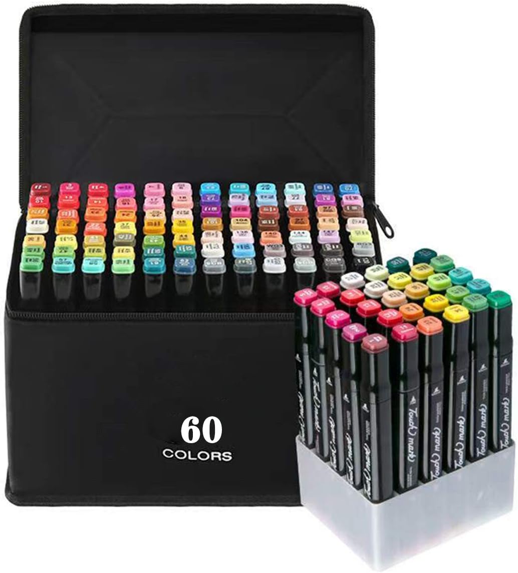 Marker pen Marker pen Illustration pen 60 colors 2 types of bold pen tips Suitable for animation painting, landscape design, clothing design, product design, interior design (60 colors) (60)