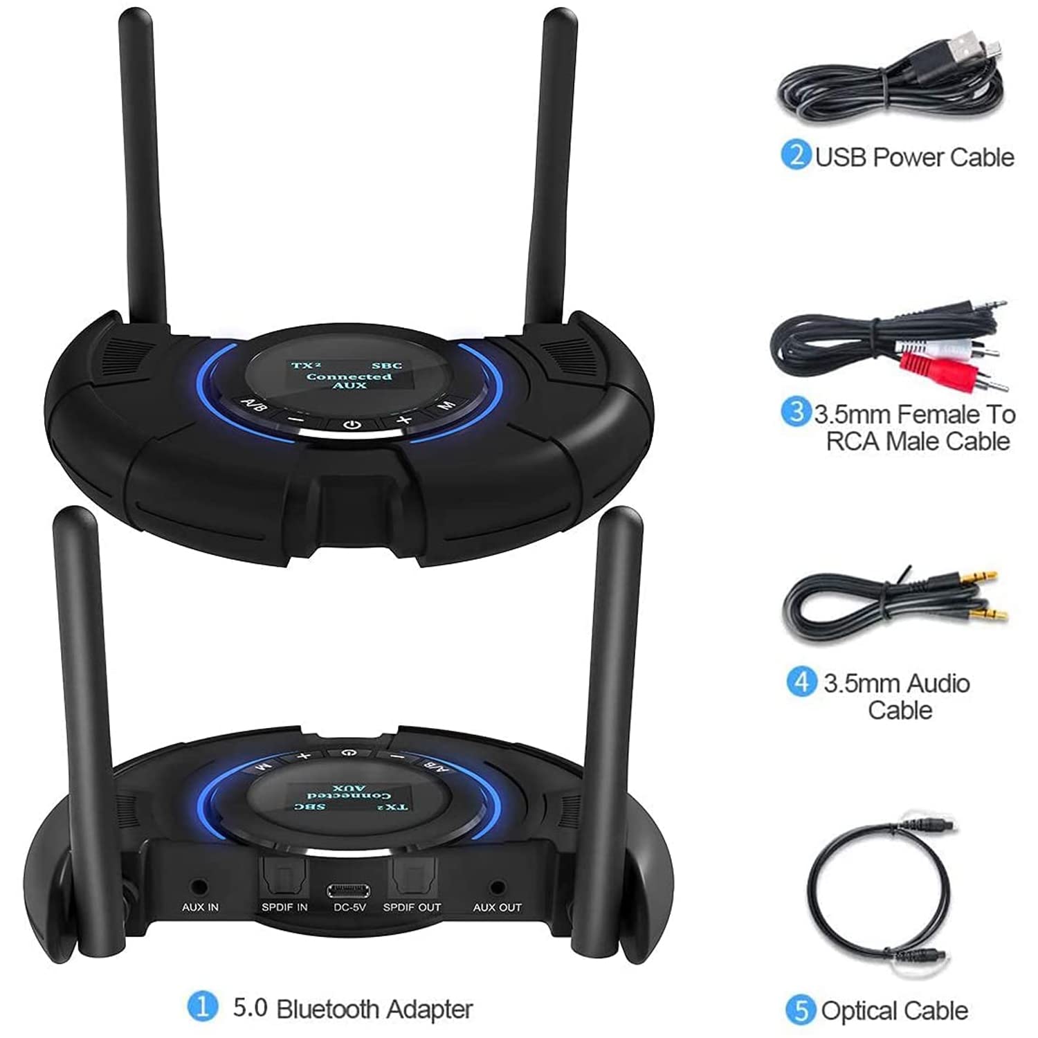 Prolig Émetteur Bluetooth 5.0 pour TV PC aptX Low Latency Adaptateur audio sans fil Prise en charge de 2 casques (Optical, AUX, RCA, USB) Portée de 393 pieds