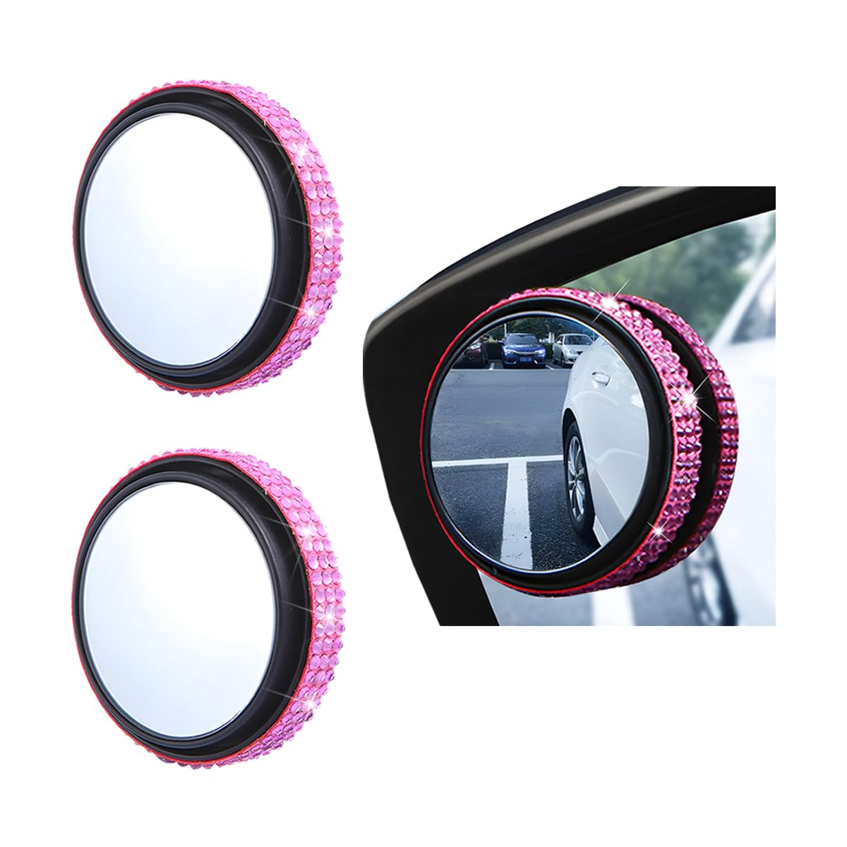 2PCS Bling Car Blind Spot Mirror, 2" Crystal Rhinestone HD Glass Round Vehicle Rearview Side Blind Mirror, 360° Wide Angle Auto Exterior Accessories, Universal for SUV Sedan Truck (Pink)
