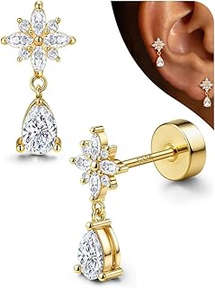 Diamday ピアス レディース 人気 金属アレルギー対応 シルバー925ポスト 14金メッキ 可愛い ジルコニア 花 ドロップ ヘリックス スタッド ピアス つけっぱなし 女性 アクセサリー