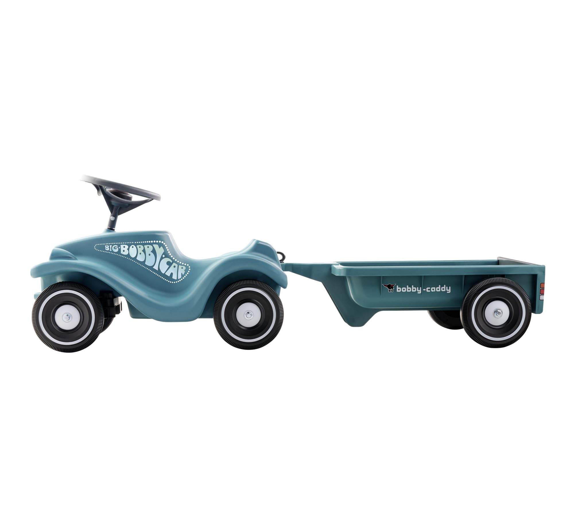 Big Bobby Car Classic Eco 2.0 mit Anhänger - Rutschauto ab 1 Jahr aus Recycling-Material mit Caddy, Lenkrad und Hupe, für Kinder ab 1 Jahr (bis 50 kg), Türkis mit Grau