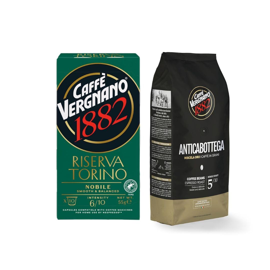 Caffe Vergnano Antica Bottega Whole Bean Coffee & Riserva Torino Nobile Espresso Pods Bundle, Italian Coffee Beans and Nespresso Original Compatible Capsules