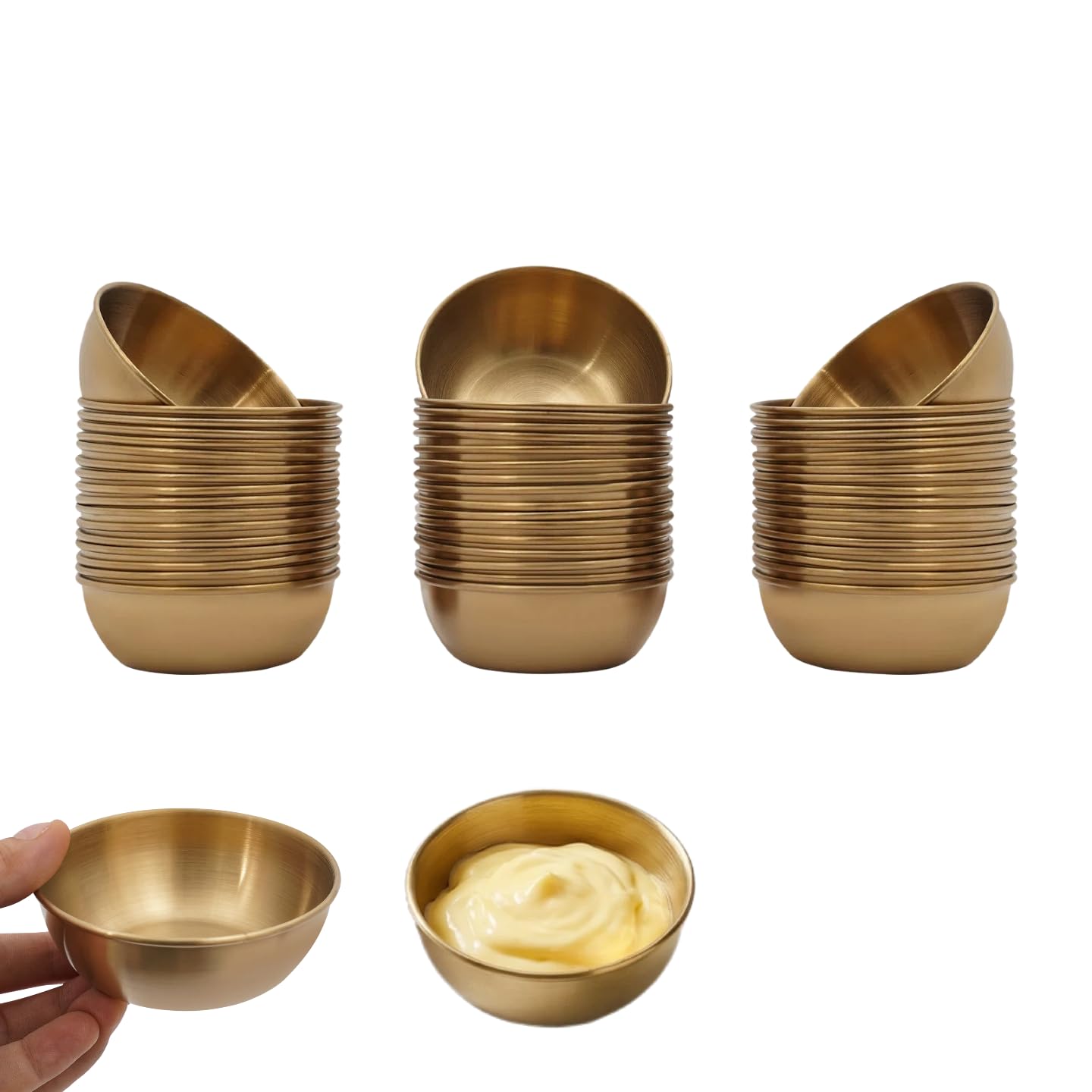 50 Stück Edelstahl 304 Saucieren, Mini Dip-Schalen Set, Saucenbecher Kleine Gewürzschälchen, Stapelbare Saucenschälchen Dipbecher Schüsseln für Soße Sushi Catering, 8,3 cm (Gold)