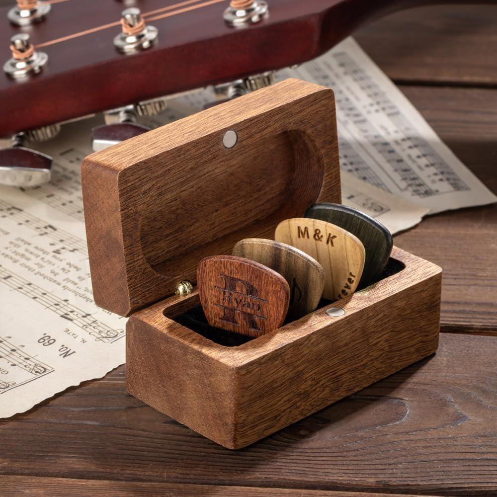 callie Custom Guitar Picks, Personalized Wooden Magnetic Guitar Picks Holder Box Case with Initial Name, Engraved Cool Gifts for Guitar Player Musician
