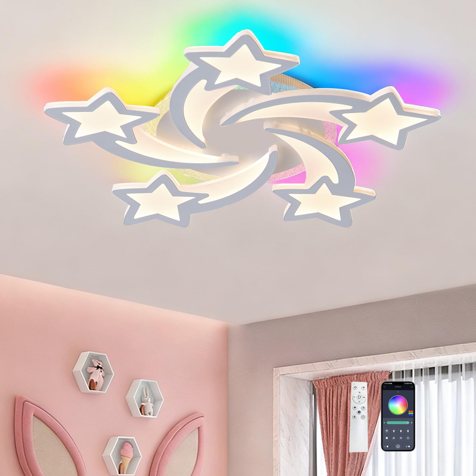 Lampara Techo Forma de Estrella 7 Colores RGB Luces de Techo con Mando a Distancia Temporizador Brillo Ajustable 3 Temperaturas de Luz Nocturna y Función Memoria para Habitación Infantil, Blanco