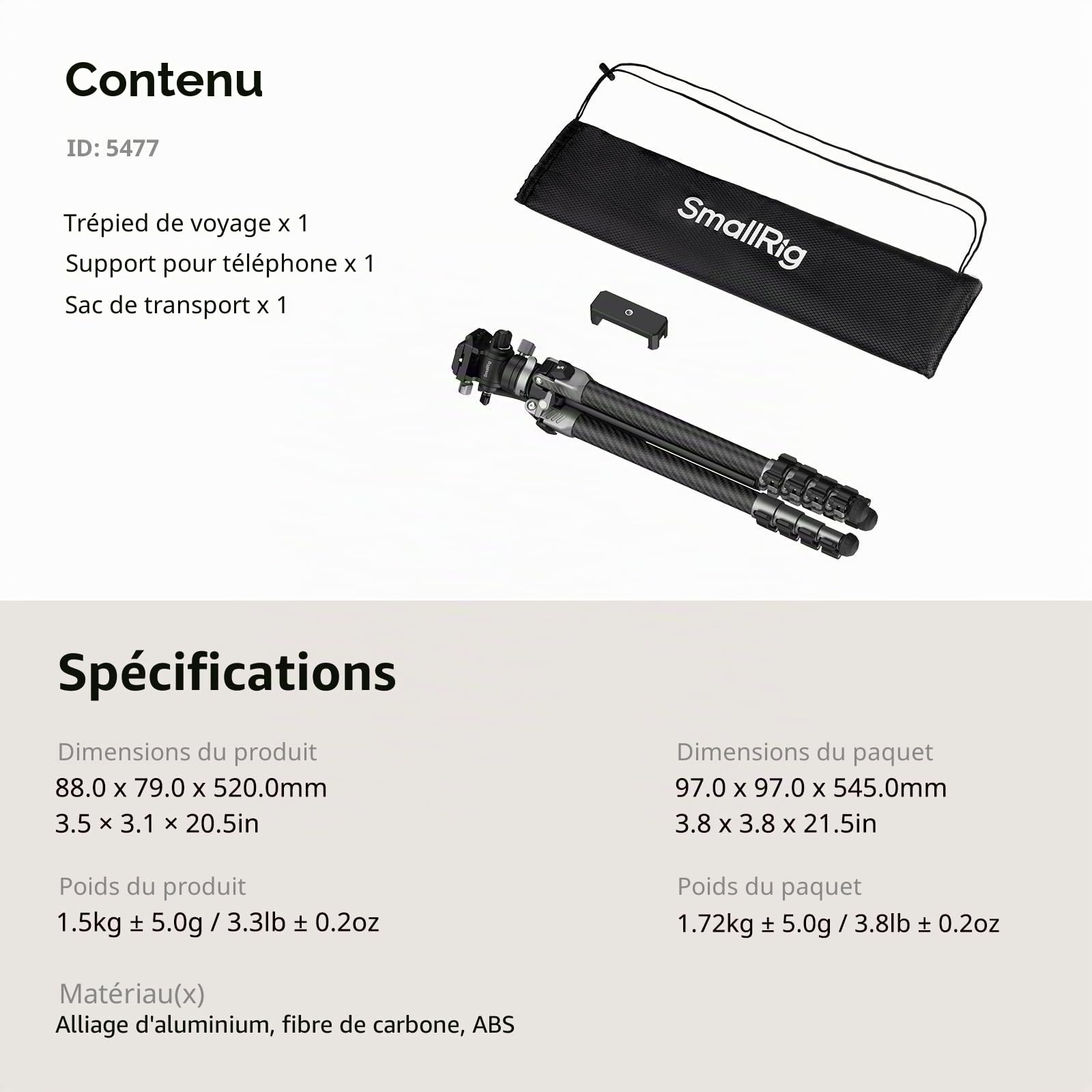 SMALLRIG 160 cm Trépied de Voyage Portable pour iPhone et Appareil Photo, Trépied Vidéo en Fibre de Carbone, Format Compact (52 cm), 3 kg Charge, Tête Fluide pour la Photographie en Extérieur - 5477