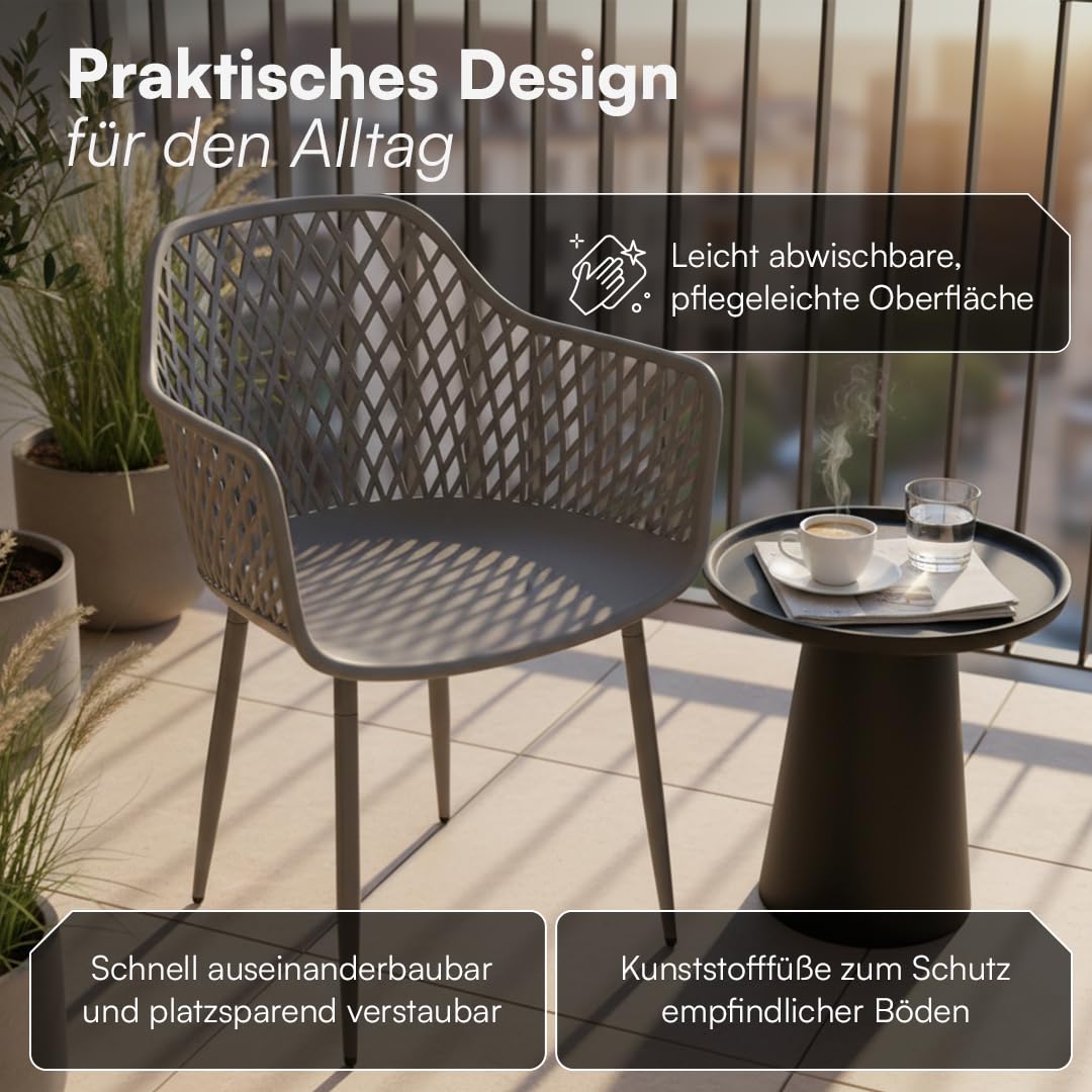 STEELSØN Quasira Gartenstühle 6er Set – Gartensessel wetterfest & UV-resistent – Outdoor Stühle für Balkon/Garten/Terrasse – Loungesessel Grau bis 120 kg – Schalenstuhl aus Kunststoff mit Armlehnen