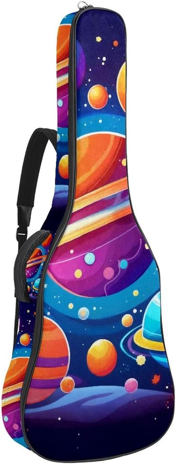 Cartoon Planets Solar System Space with Stars Pattern Acoustic Guitar Gig Bag, 1 cm Thick Padding Waterproof Guitar Bag Backpack for 40 41 42 Inch Electric Bass Classical Guitars