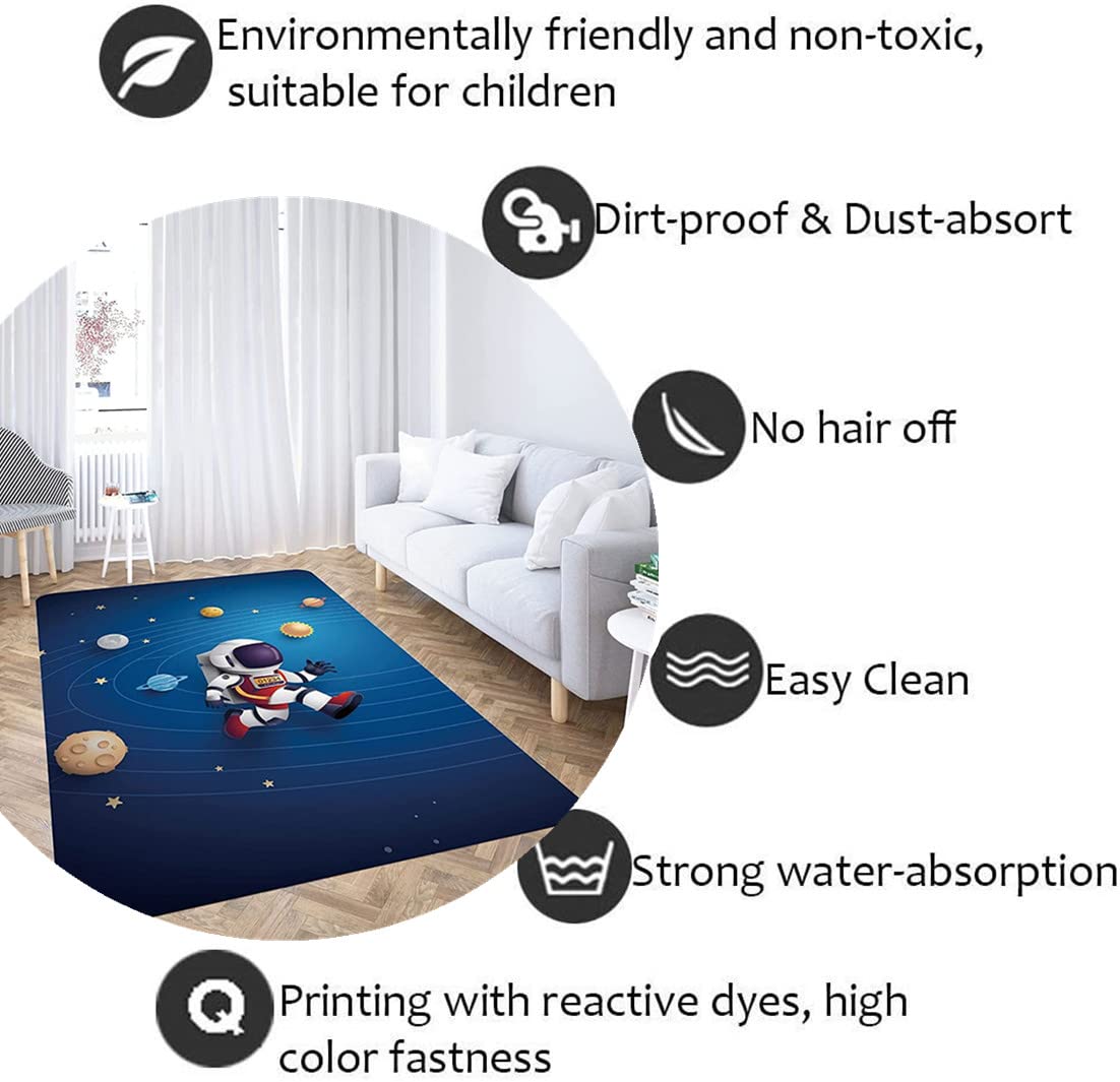 Tapis pour Enfants Cartoon Astronaute Tapis De Salon éToile Mer Vaisseau Spatial FuséE Tapis Flanelle Lavable Et AntidéRapant Jardin d'enfants (160x200 cm, Modèle 1)