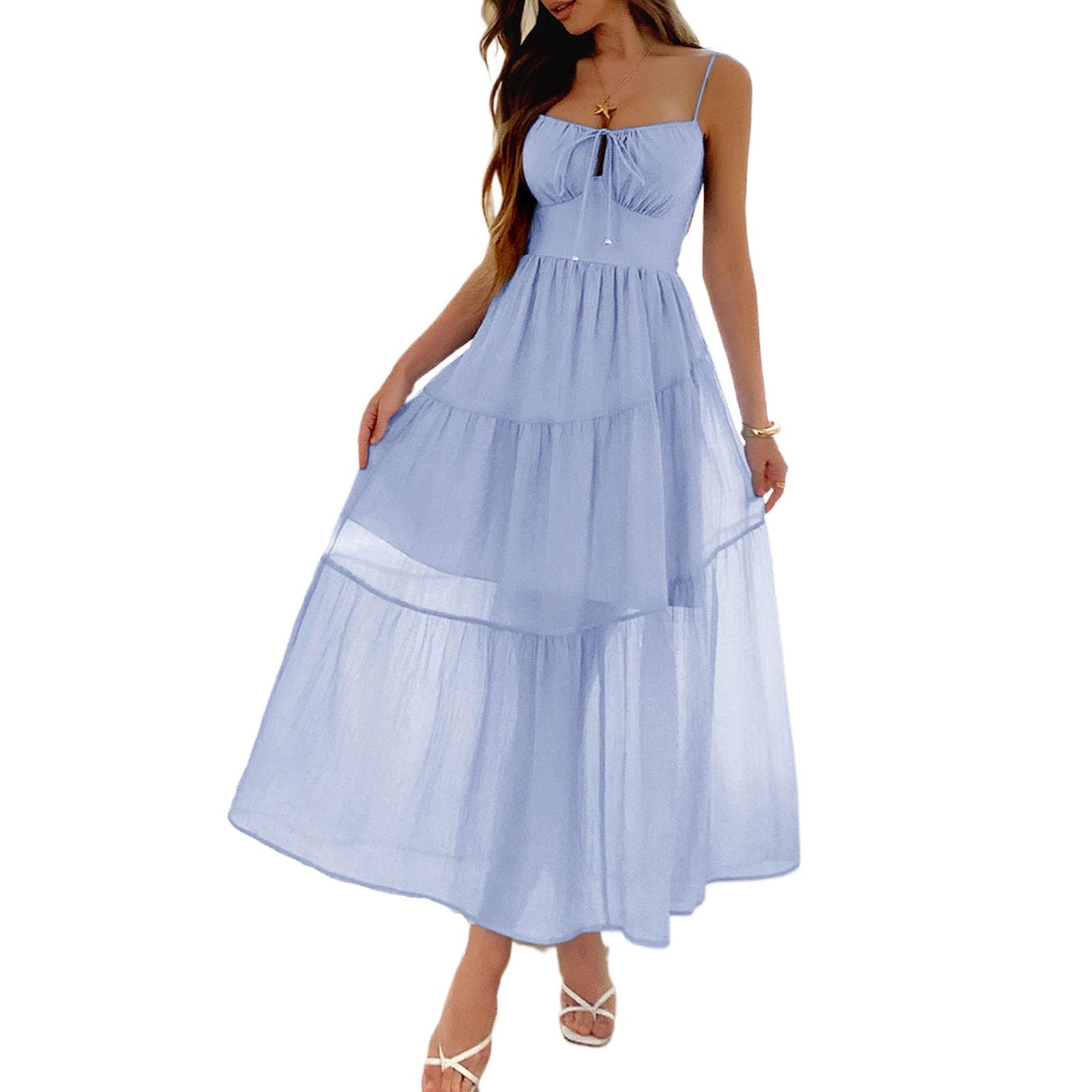 Vestido de Verano para Mujer, Vestido Largo sin Mangas con Cuello en V y Corte Cruzado, Vestido Fluido de Playa para Vacaciones, Fiestas y Viajes.