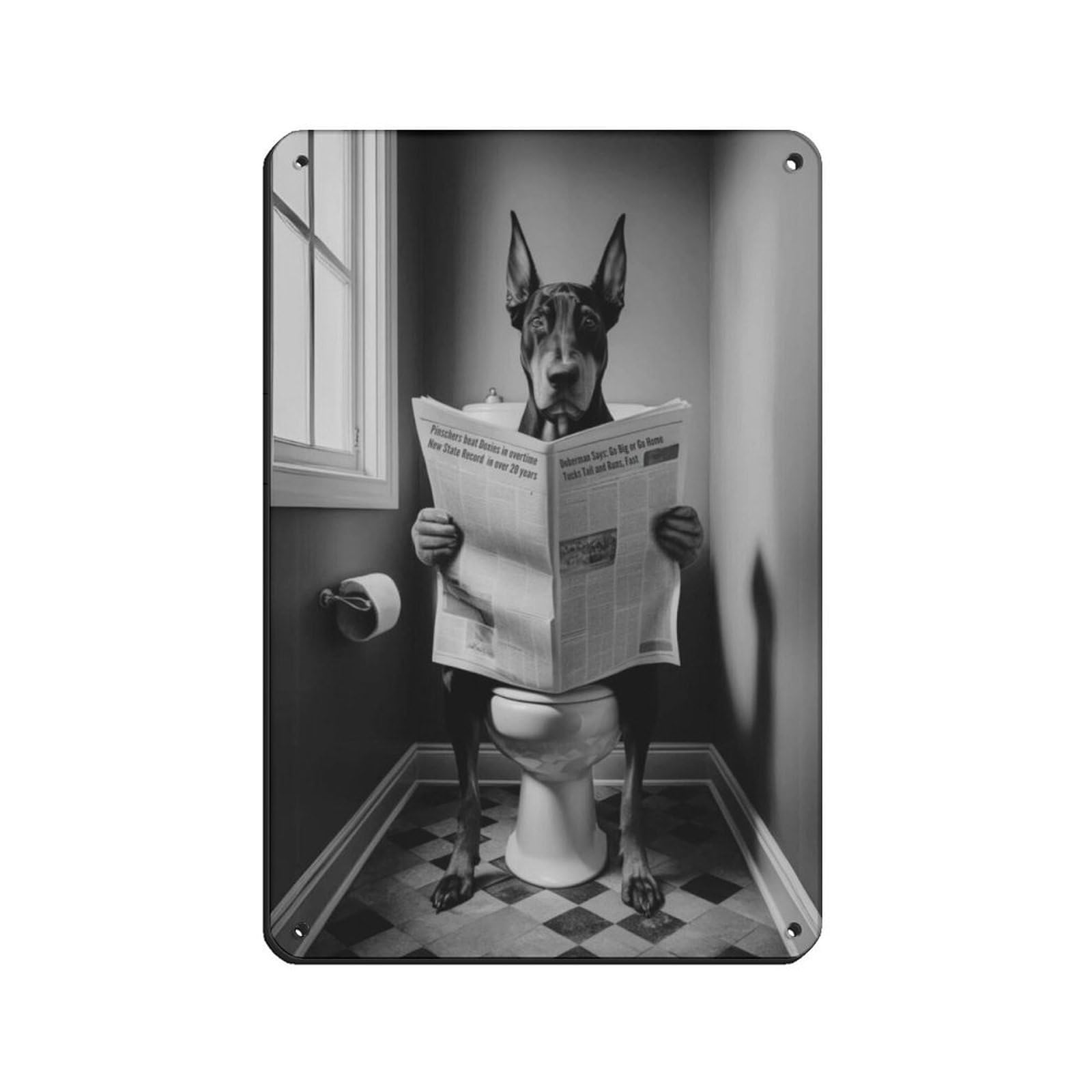 Doberman Pinscher Dog on Toilet Art Tin Sign Vintage Metal Pub Club Cafe Bar Home Wall Art Decoration Poster Retro 8x12inch(20x30cm)