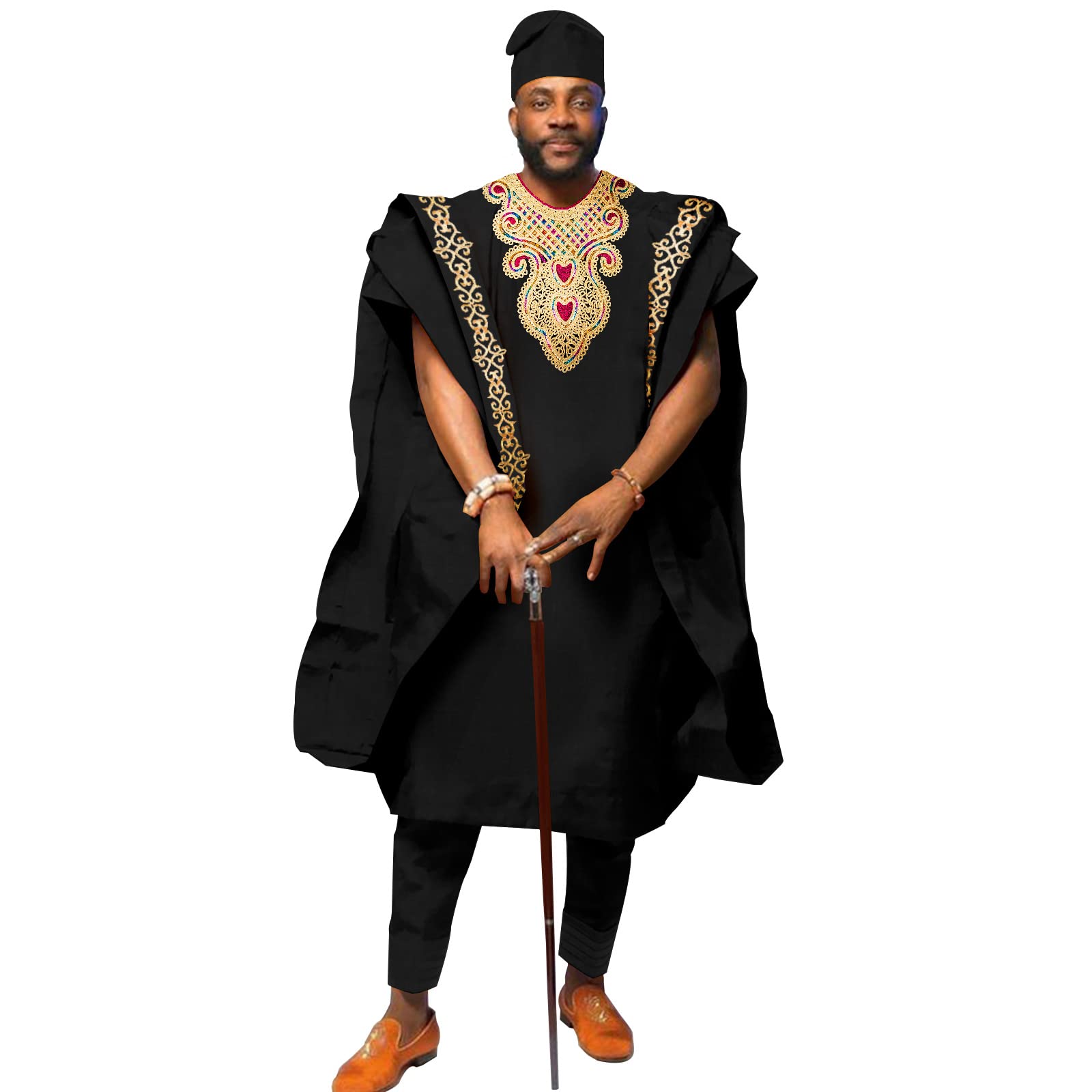 Africa-Pride Men's Black African `S Clothing Embroidery Agbada Shirts Pants And Hats 4 Piece Set Garts For Wedding Evening, Xl