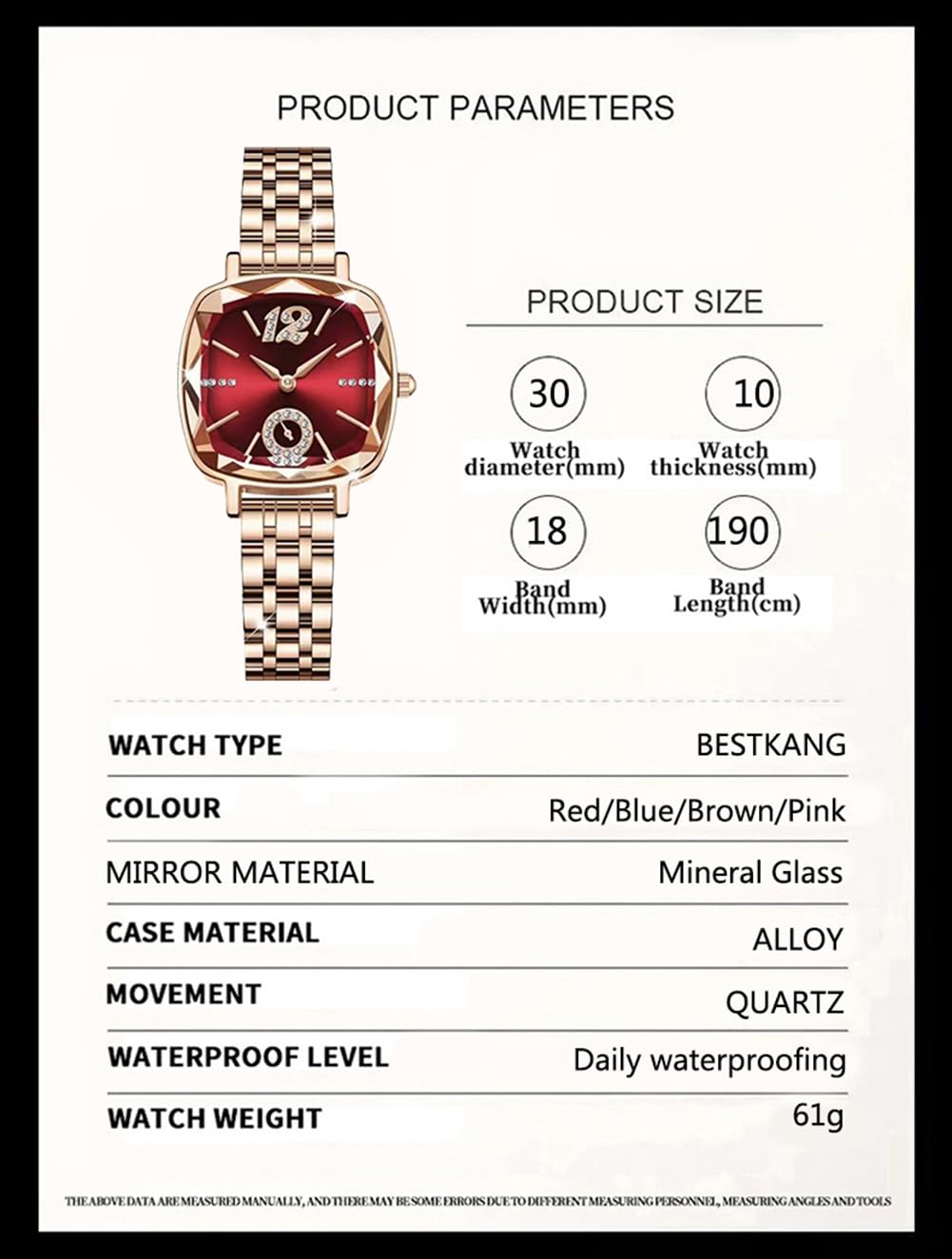BESTKANG Reloj de cuarzo para mujer, cuadrado, color oro rosa, reloj clásico de acero