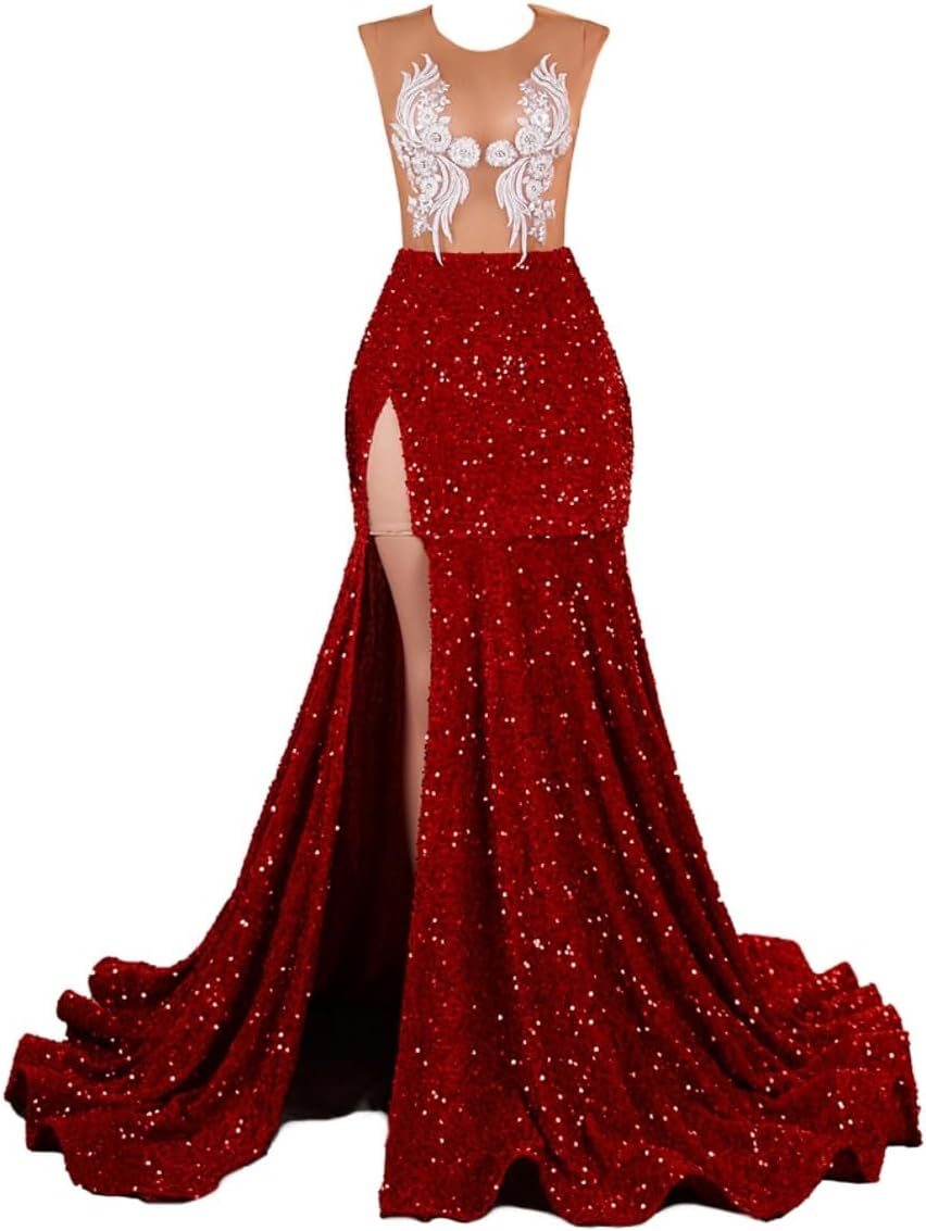 Datangep Sexy Red Sequins Applique Mermaid Evening Dress High Split Prom Dress Celebrity Pageant Gown Church Train