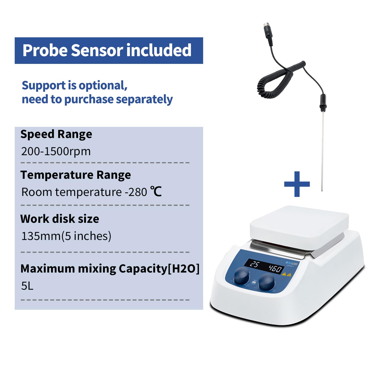 ONiLAB Placa de cocción cuadrada digital LED de 5 pulgadas con placa caliente de laboratorio recubierta de cerámica, placa de agitación de 280 ℃, mezclador magnético de 3000 ml de capacidad, 200-1500